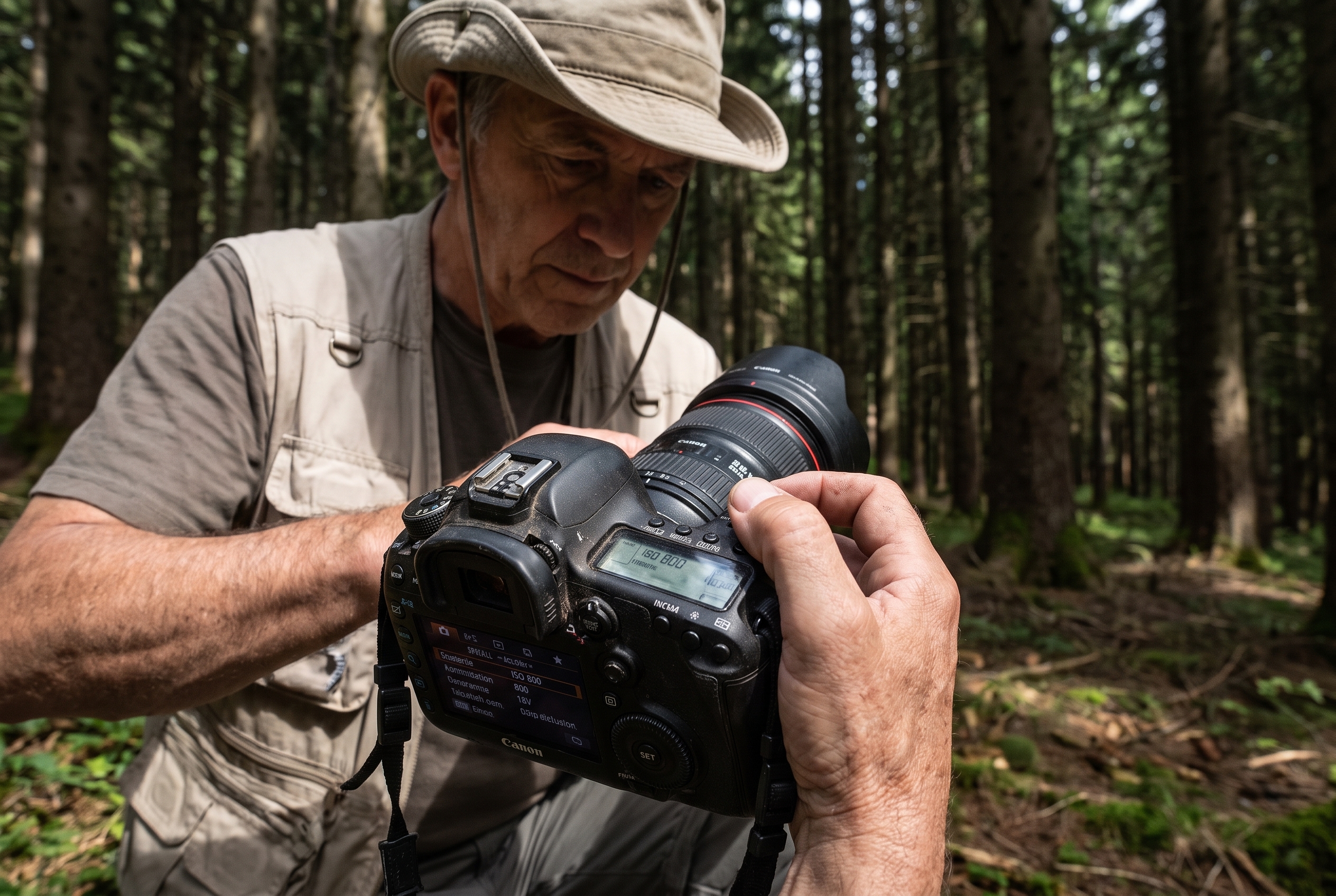 Photographe naturaliste ajustant les réglages de son appareil photo Canon en forêt pour maîtriser le mode priorité ouverture et le flou d'arrière-plan.
