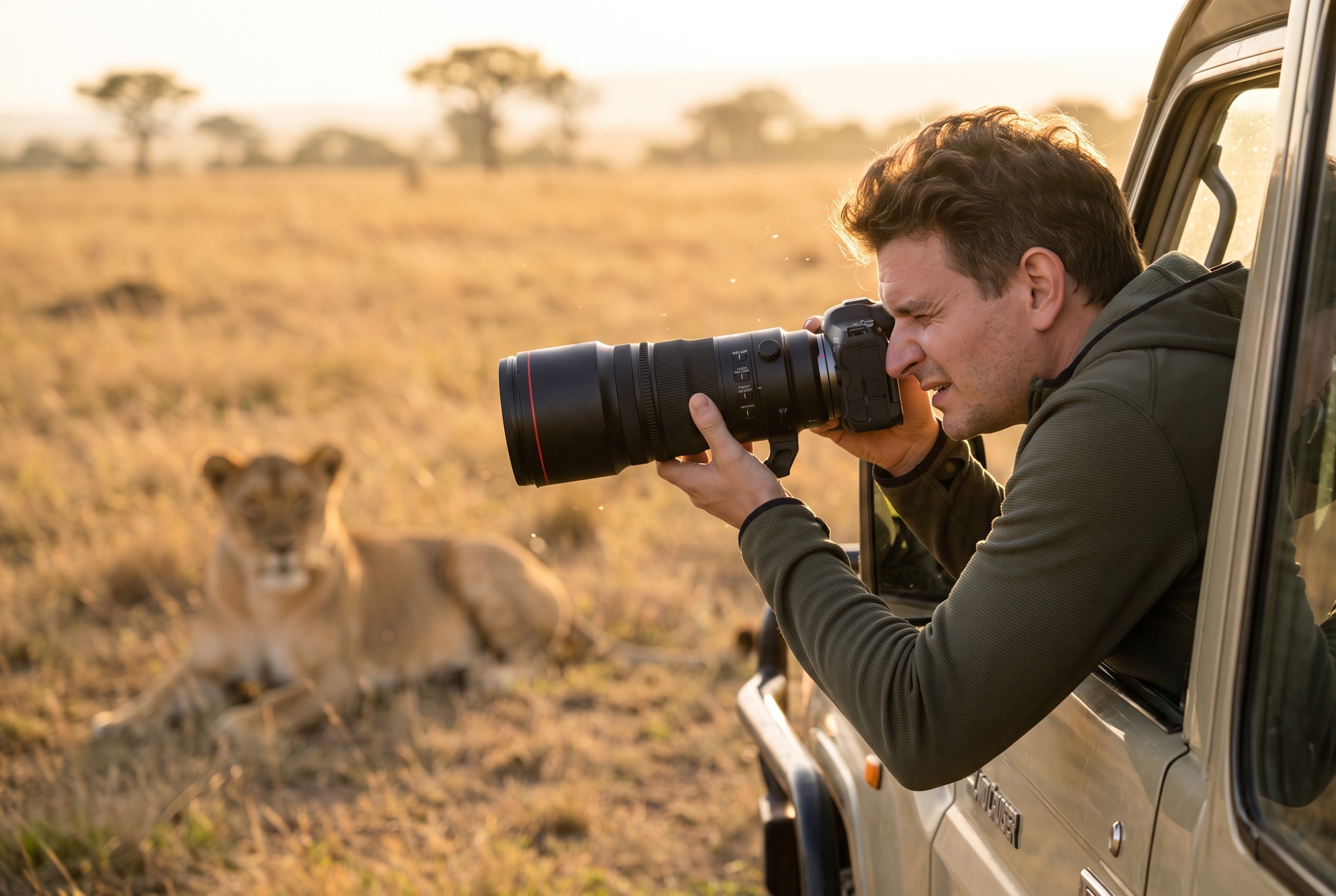 Réussir son safari photo : le bon matériel et les erreurs à éviter 29 Photographe animalier utilisant un téléobjectif 600mm depuis un 4x4 lors d'un safari photo au Masai Mara face à une lionne à l'heure dorée.
