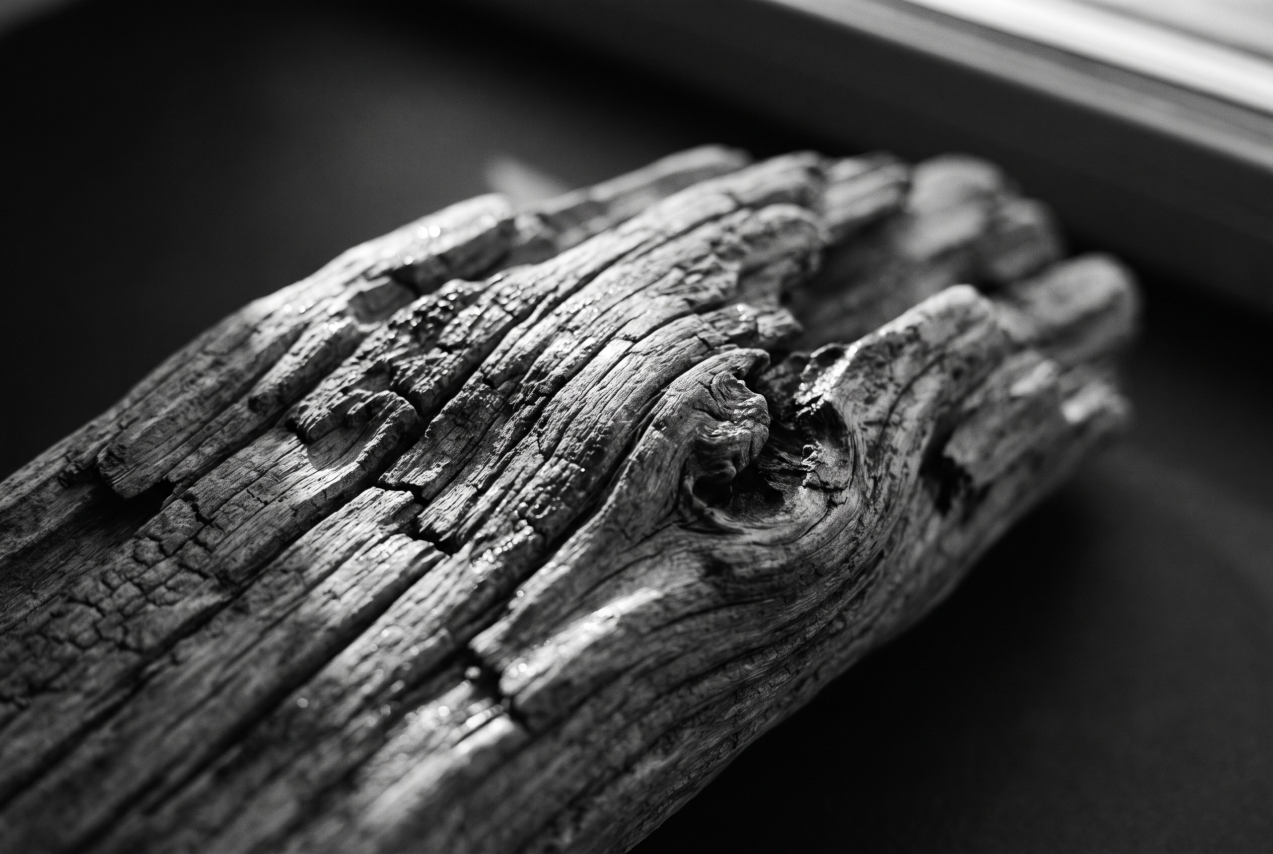 Macro d'un bois flotté texturé en noir et blanc, exemple de photographie de nature morte réalisée en intérieur avec un éclairage latéral naturel.