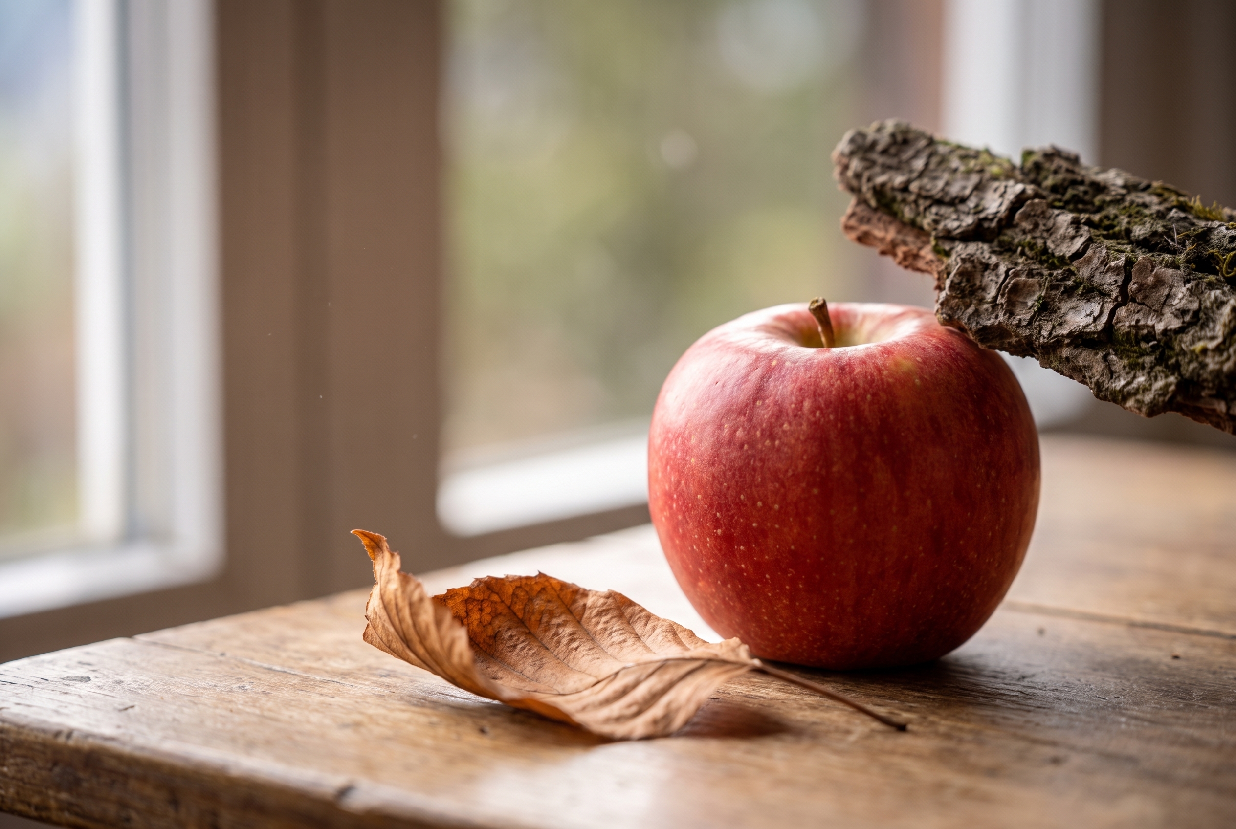 Composition de photographie de nature morte avec une pomme rouge, une feuille d'automne et de l'écorce sur une table en bois rustique.