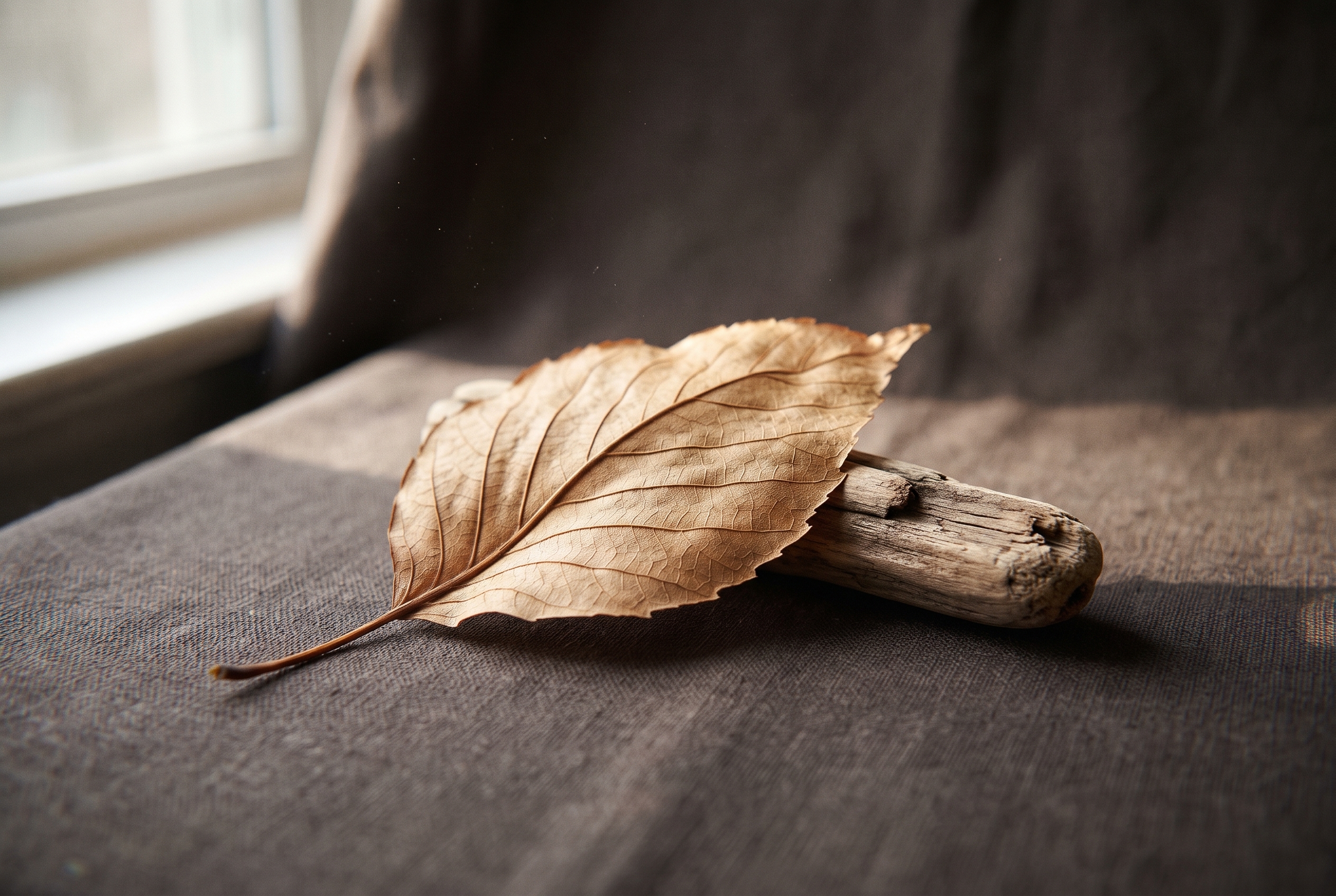 Composition de photographie de nature morte montrant une feuille d'automne séchée et du bois flotté sur un fond en tissu sombre avec un éclairage latéral doux.