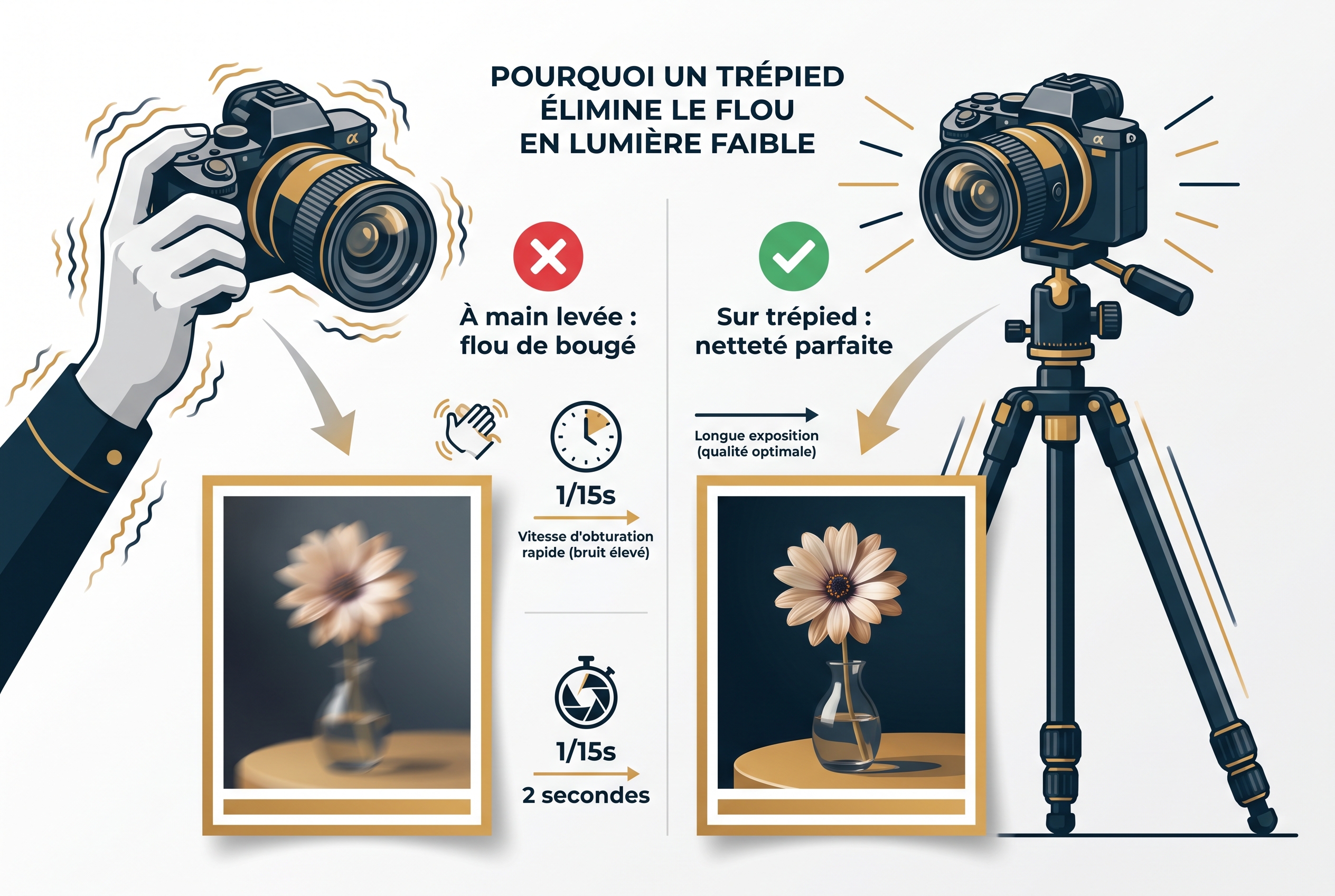 Comparaison pédagogique entre une photographie de nature morte à main levée avec flou de bougé et une prise de vue sur trépied avec netteté parfaite.