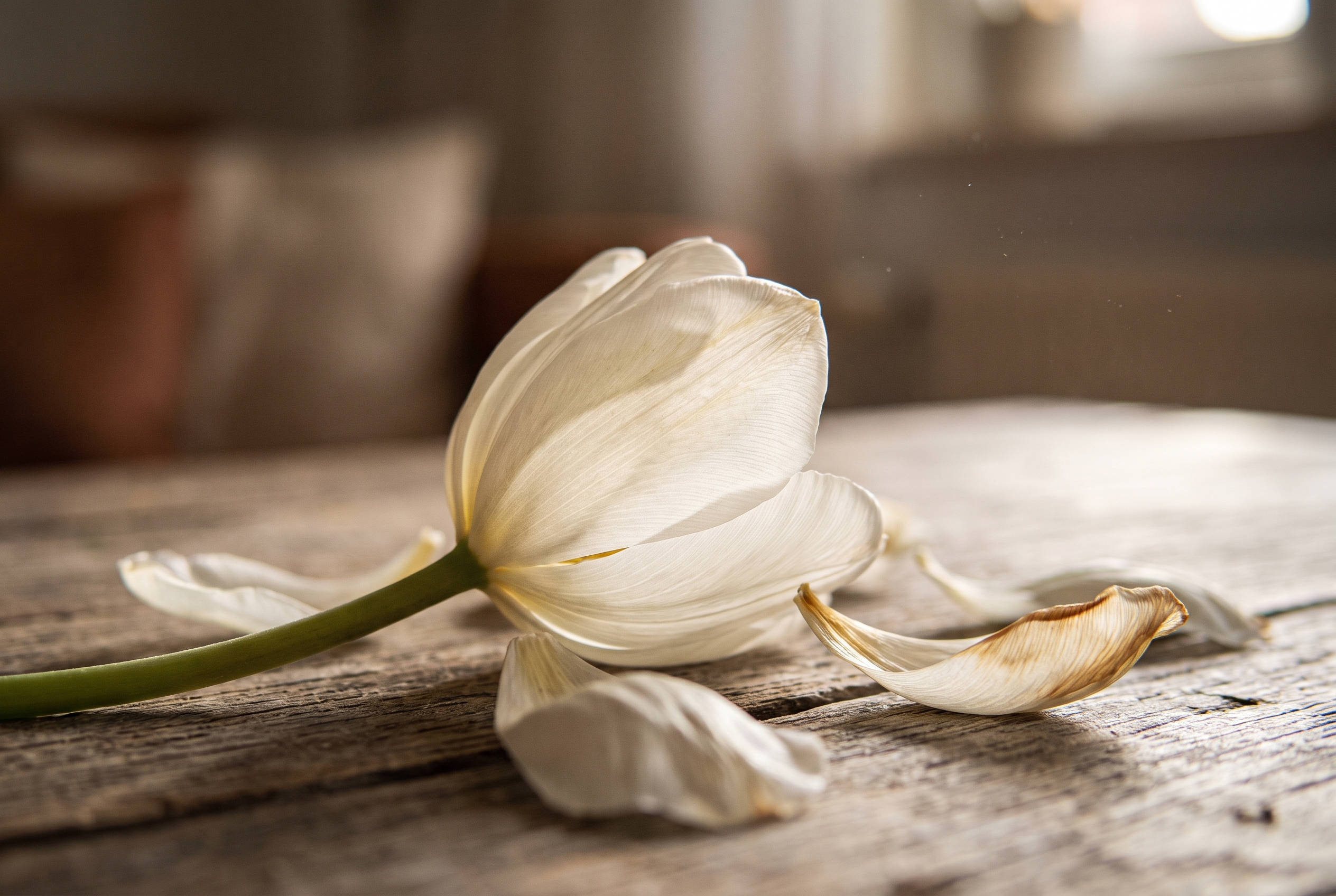 Photographie de nature morte d'une tulipe blanche fanée sur une table en bois, éclairée par la lumière naturelle d'une fenêtre.