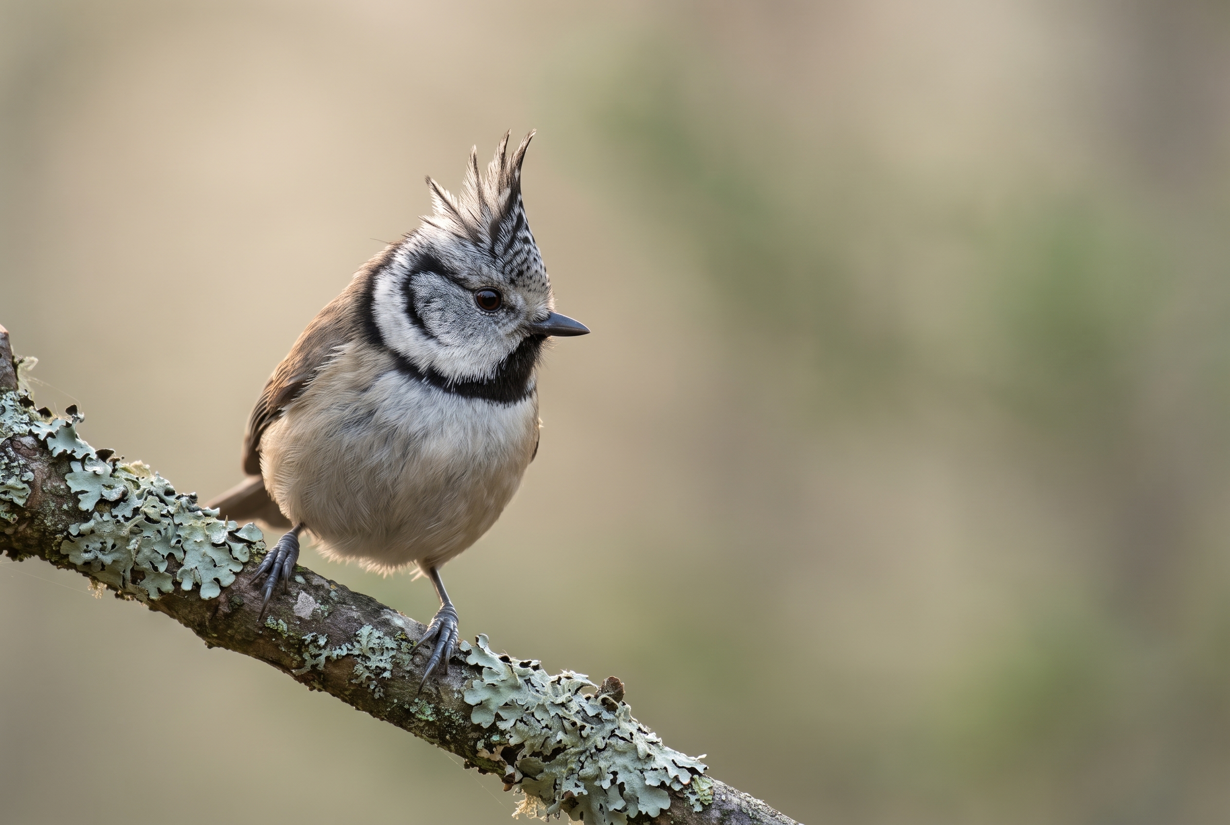Test Sony FE 400mm f/4.5 GM OSS : avis et retour d'expérience terrain 15 Photographie d'une mésange huppée sur une branche de pin, illustrant le piqué et la précision de l'autofocus lors du test Sony FE 400mm f/4.5.