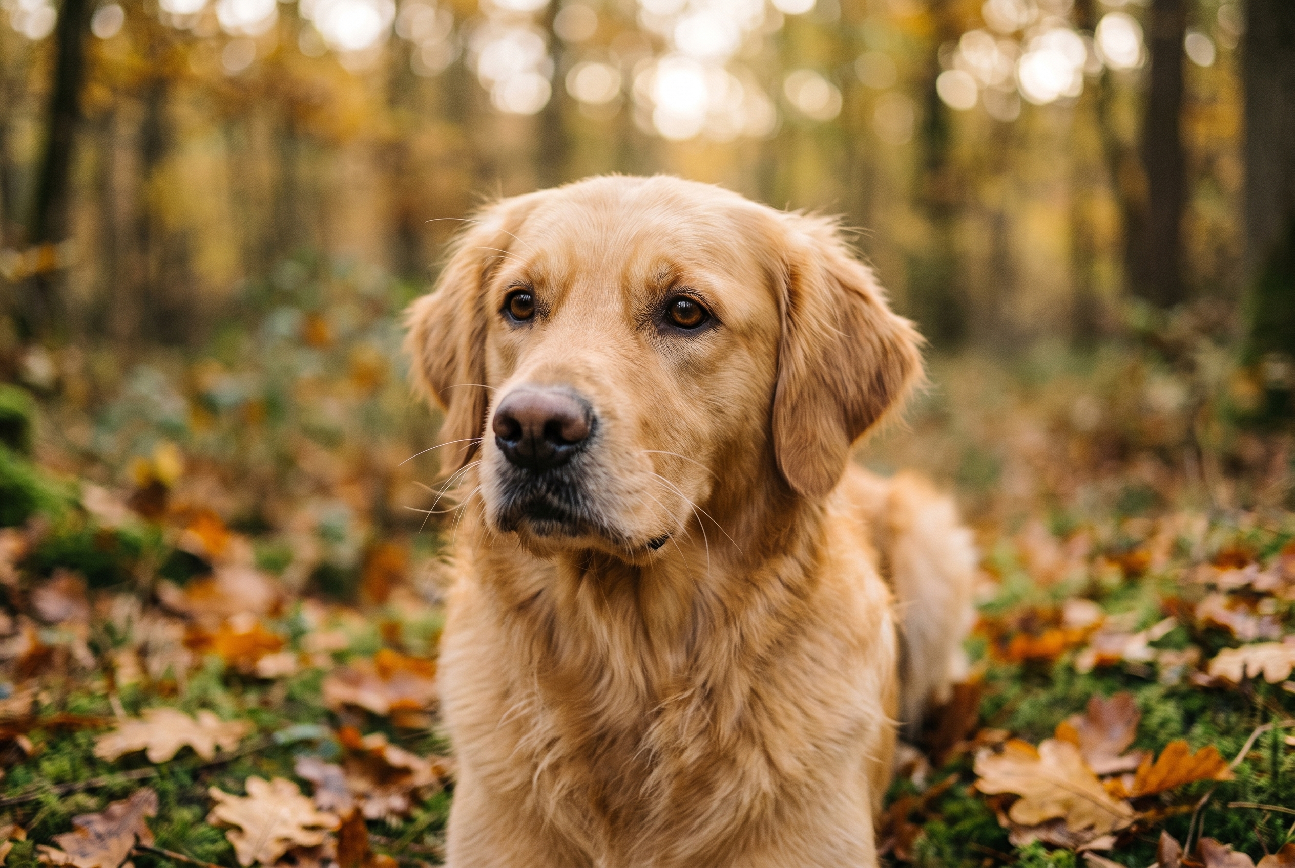 Gros plan d'un Golden Retriever en forêt d'automne montrant le piqué extrême et le bokeh crémeux à f/1.2 du Sigma 85mm DG Art.