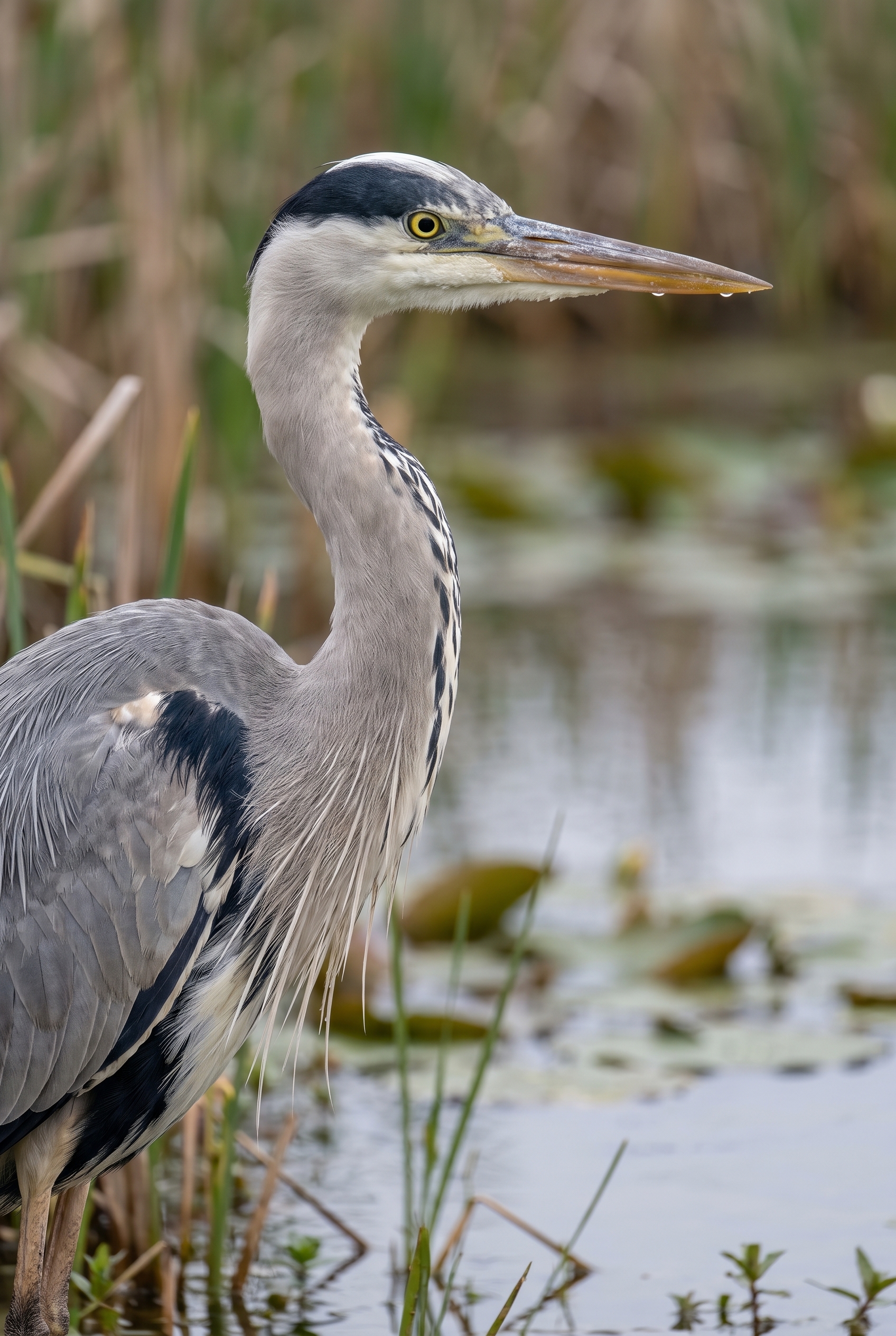 Gros plan détaillé d'un héron cendré montrant le piqué des plumes à 600mm avec l'objectif Nikon Z 180-600mm f/6.3.