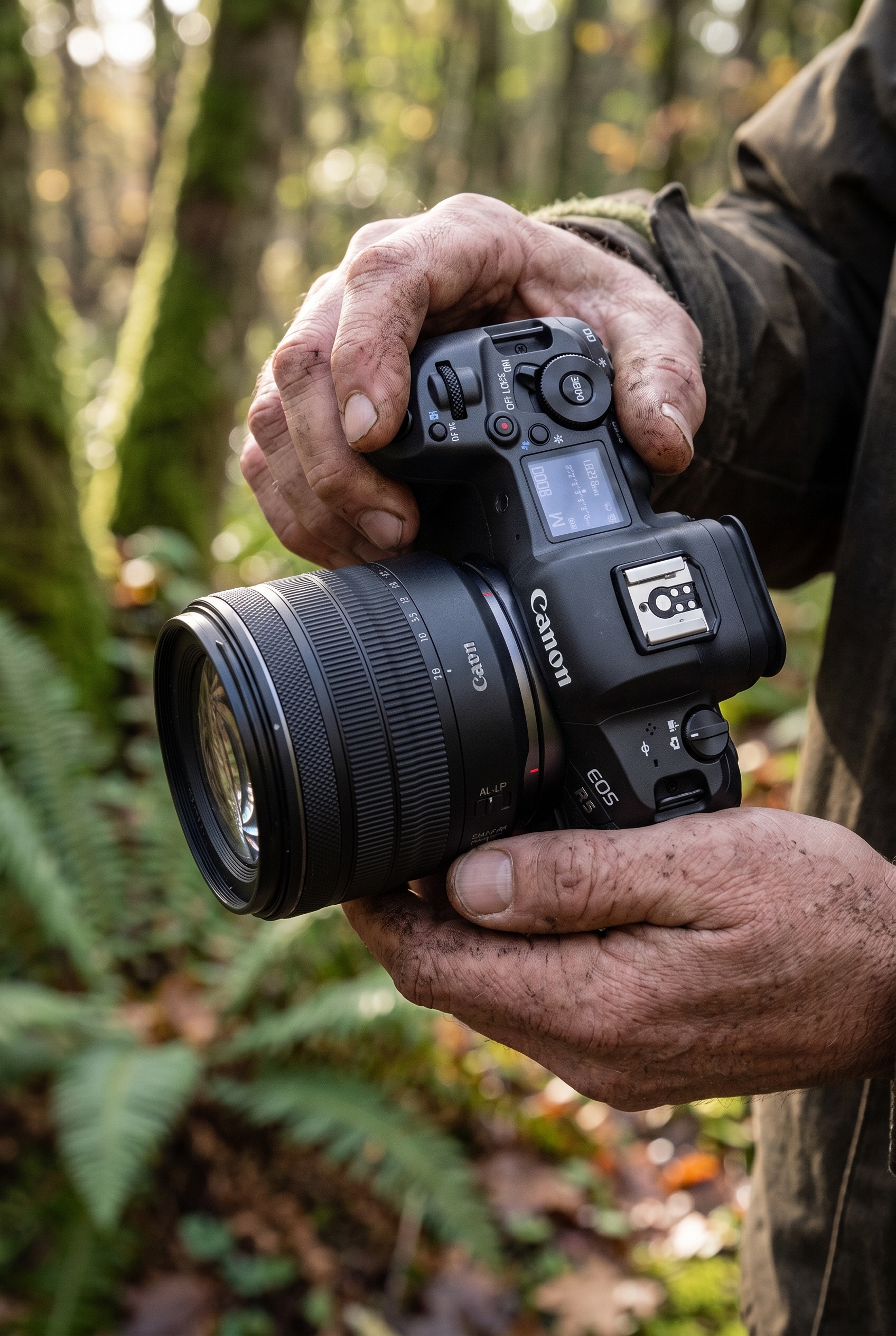 Test Canon R5 : vaut-il toujours le coup en 2026 ? 14 Test Canon R5 : gros plan sur l'ergonomie et les boutons de commande de l'appareil tenu par un photographe en forêt