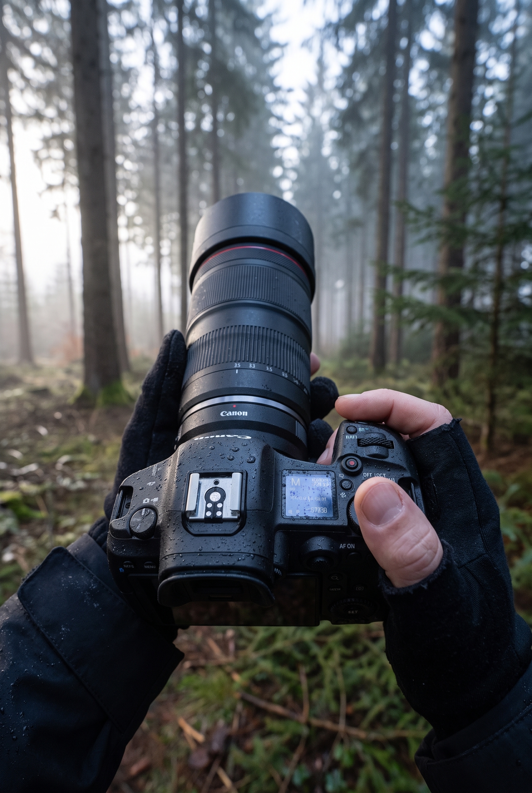 Test Canon R5 Mark II : prise en main du boîtier avec téléobjectif en forêt à l'aube pour la photo animalière