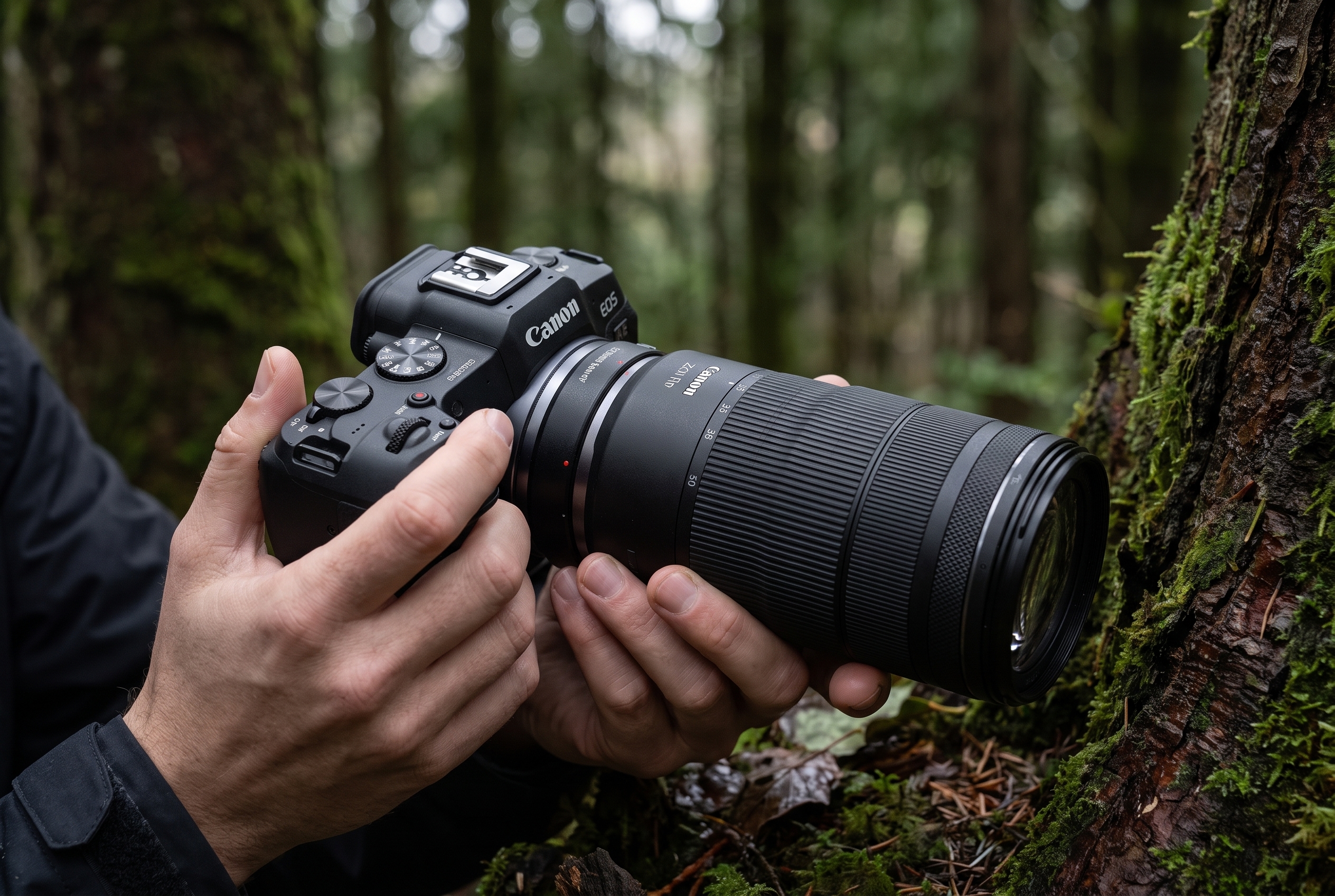 Mains d'un photographe tenant le boîtier hybride Canon R8 Mark II équipé d'un téléobjectif lors d'un test en forêt dense.