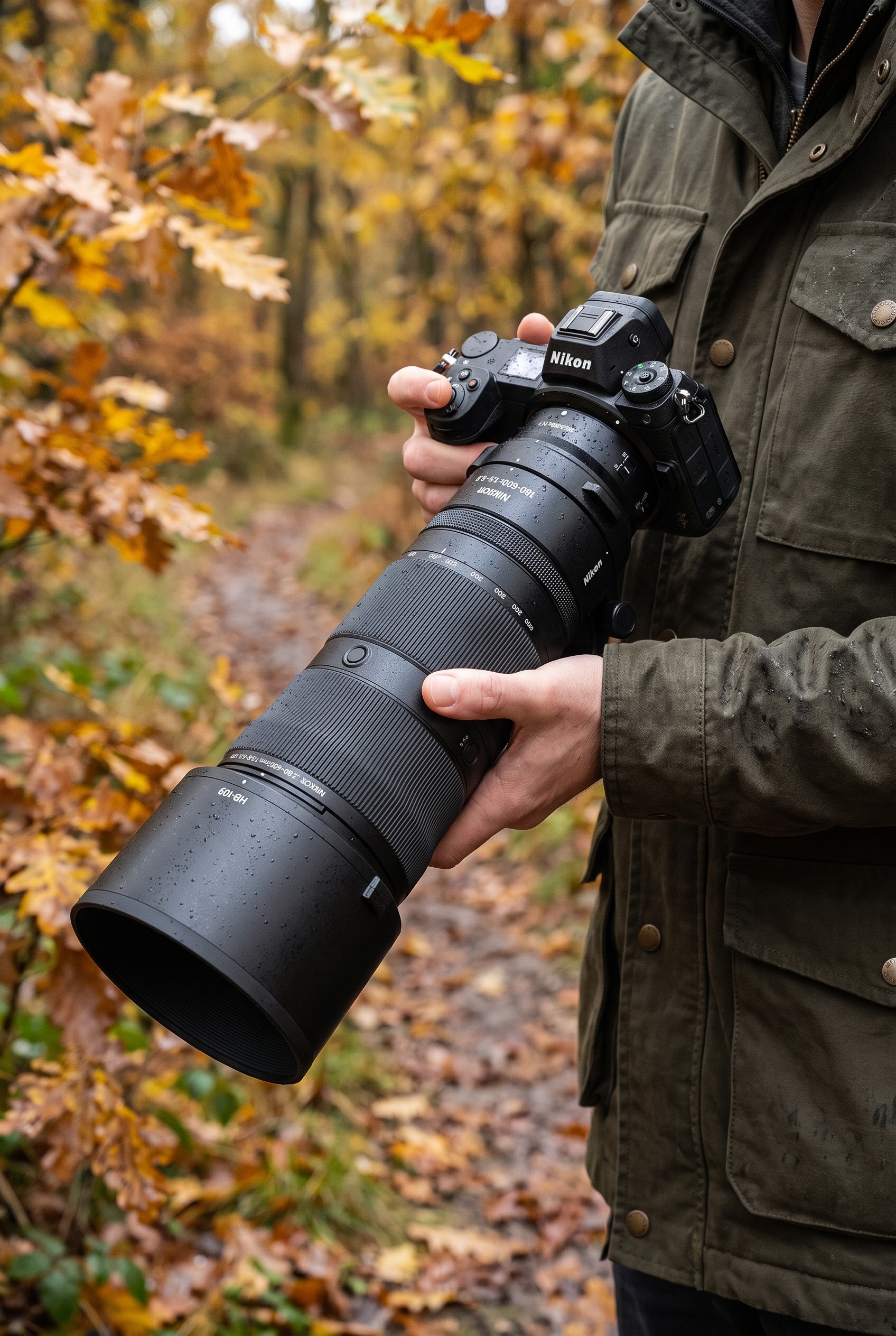 Photographe naturaliste tenant le téléobjectif Nikon Z 180-600mm f/5.6-6.3 VR monté sur un boîtier hybride Nikon Z lors d'un test terrain en forêt d'automne.