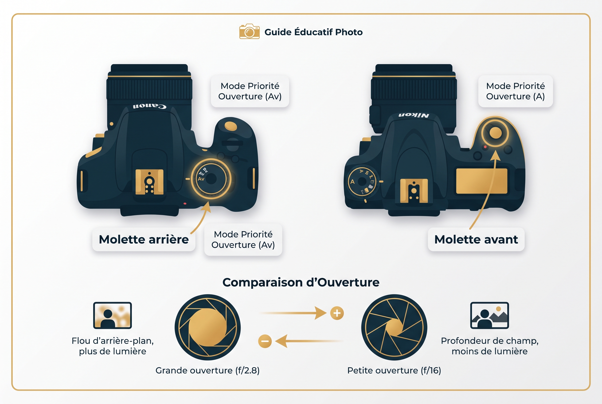 Schéma pédagogique montrant comment régler l'ouverture sur un appareil photo Canon et Nikon en mode priorité ouverture.