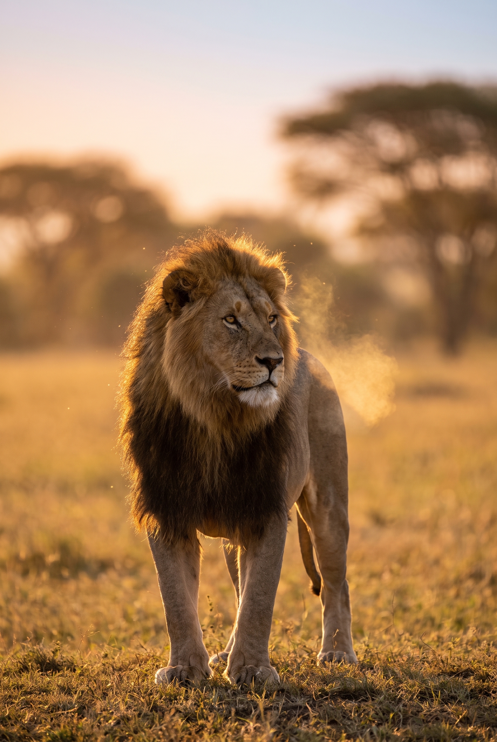Réussir son safari photo : le bon matériel et les erreurs à éviter 27 Lion majestueux à la crinière sombre debout dans la savane du Serengeti au lever du soleil, illustrant la réussite d'un safari photo en Tanzanie.