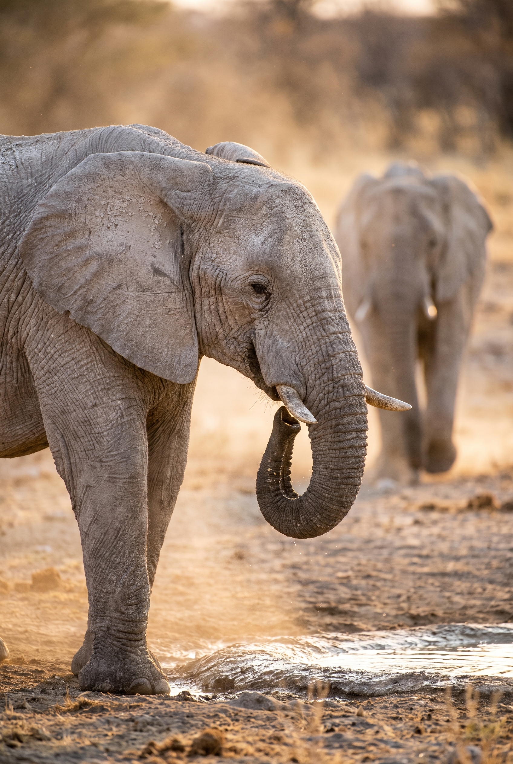 Réussir son safari photo : le bon matériel et les erreurs à éviter 15 Éléphant d'Afrique s'abreuvant dans le parc d'Etosha en Namibie, capturé avec un téléobjectif 600mm lors d'un safari photo.