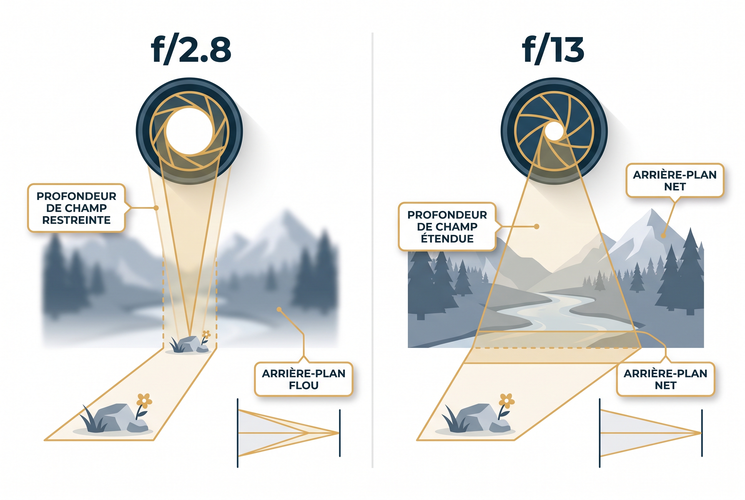 Infographie pédagogique comparant l'impact de l'ouverture f/2.8 et f/13 sur la profondeur de champ en mode priorité ouverture pour la photo de paysage.