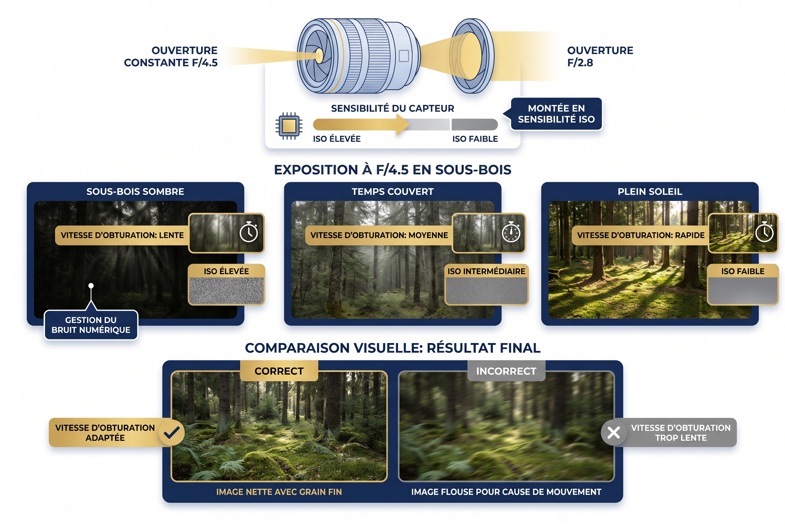 Test Sony FE 400mm f/4.5 GM OSS : avis et retour d'expérience terrain 19 Infographie pédagogique expliquant l'équilibre entre l'ouverture f/4.5, la sensibilité ISO et la vitesse d'obturation en forêt avec le Sony FE 400mm.
