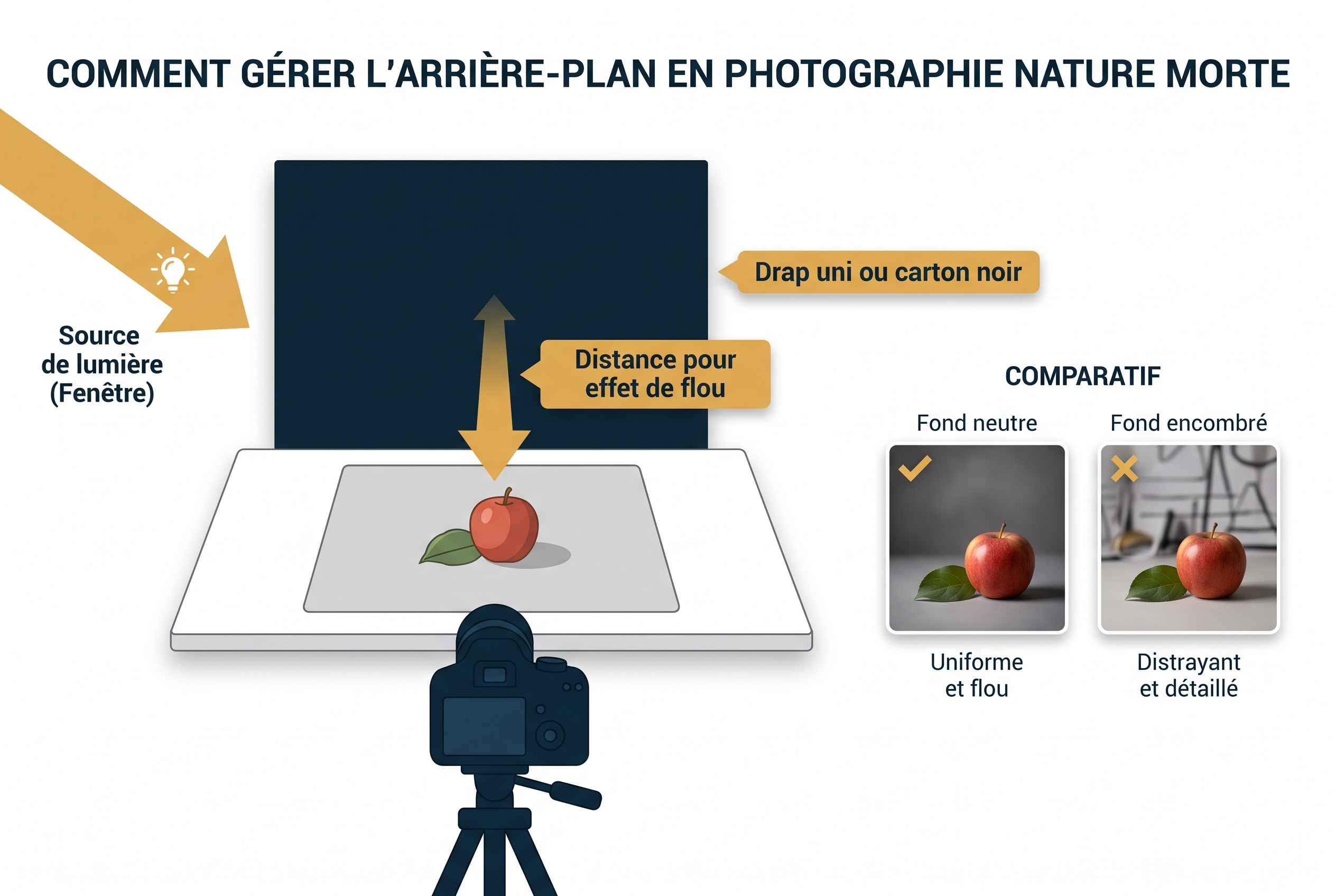 Schéma pédagogique expliquant comment installer un fond uni et gérer la distance du sujet pour réussir une photographie de nature morte.