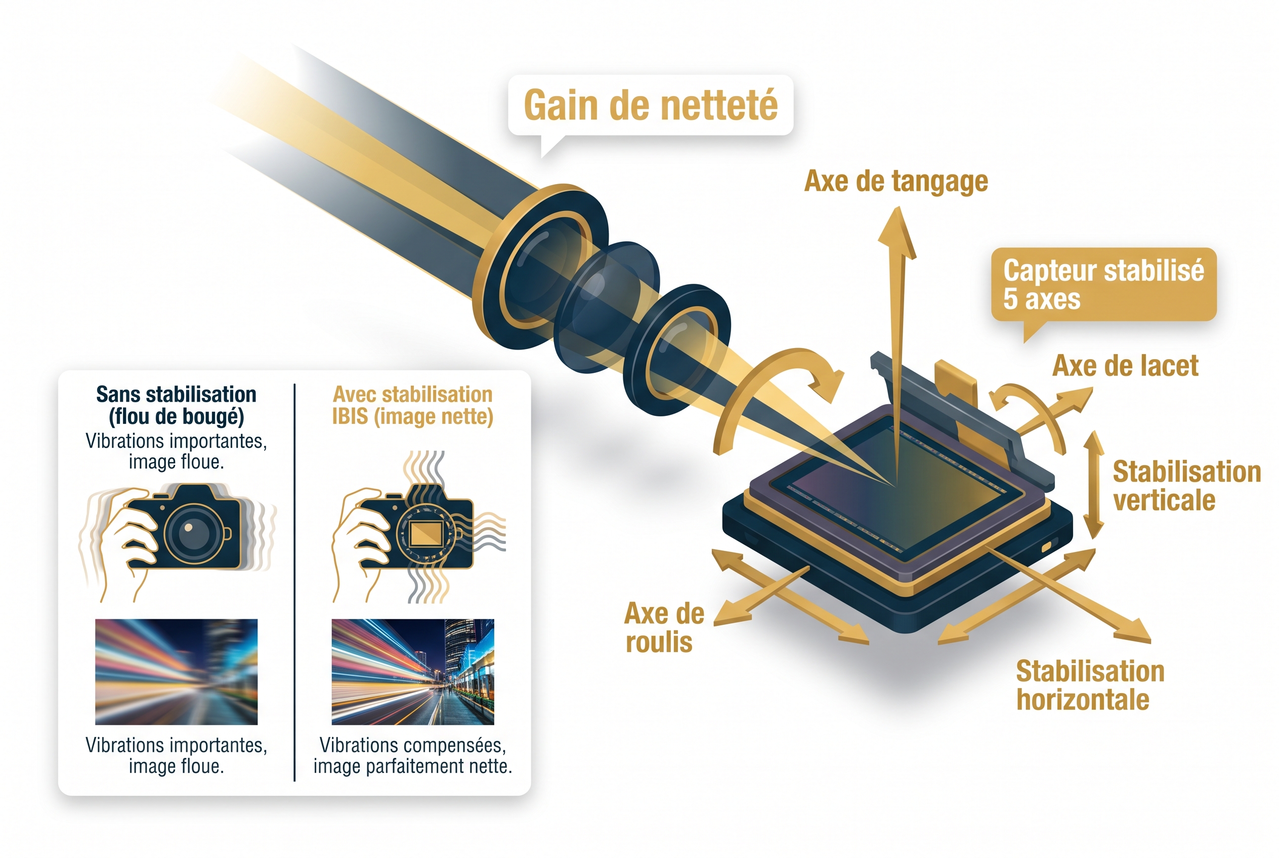 Illustration pédagogique montrant le fonctionnement de la stabilisation IBIS sur 5 axes du Canon R6 pour compenser les tremblements de la main.