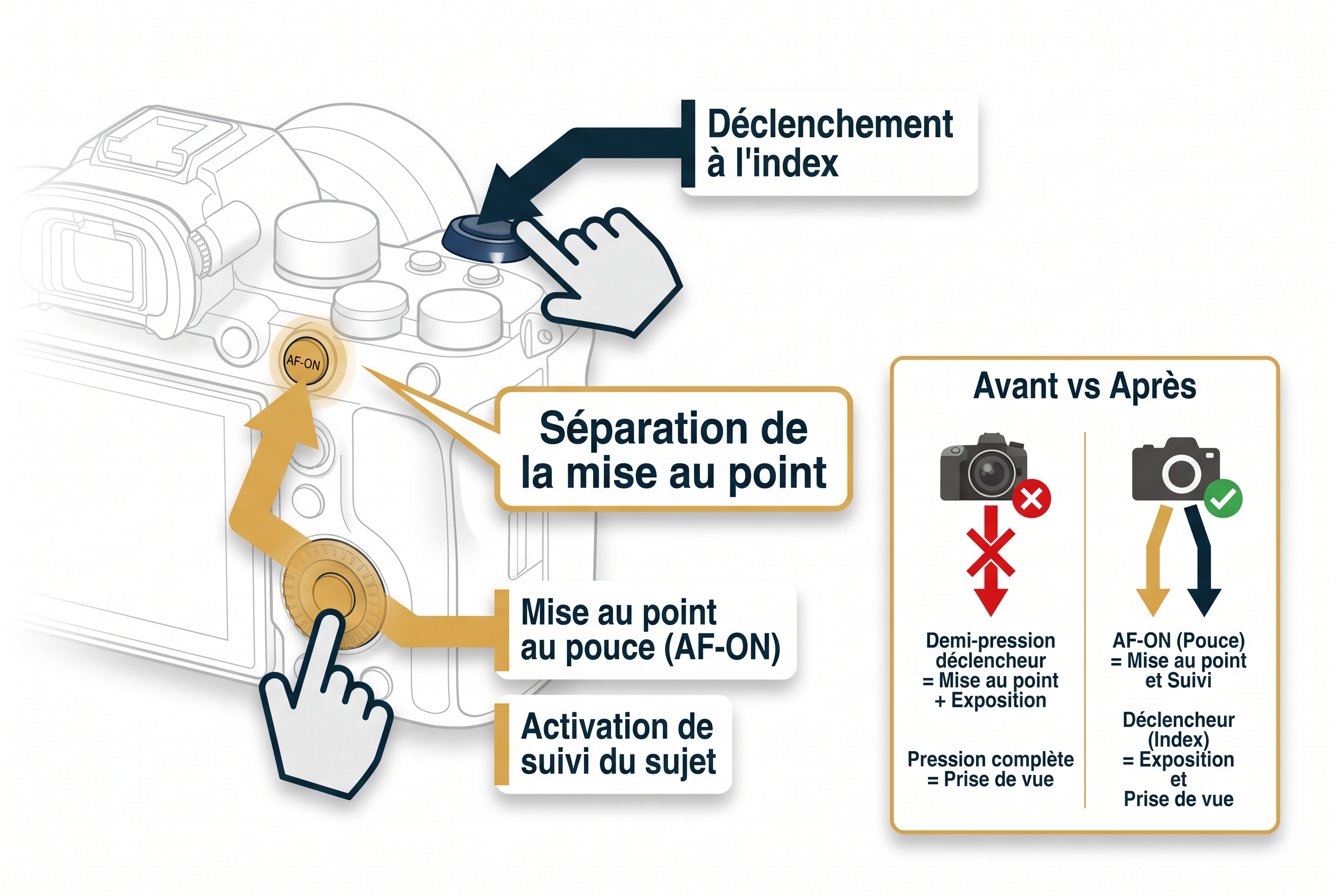 Illustration pédagogique expliquant la configuration du bouton AF-ON pour la mise au point arrière sur un Canon EOS R5 Mark II, séparant le déclenchement de l'autofocus.