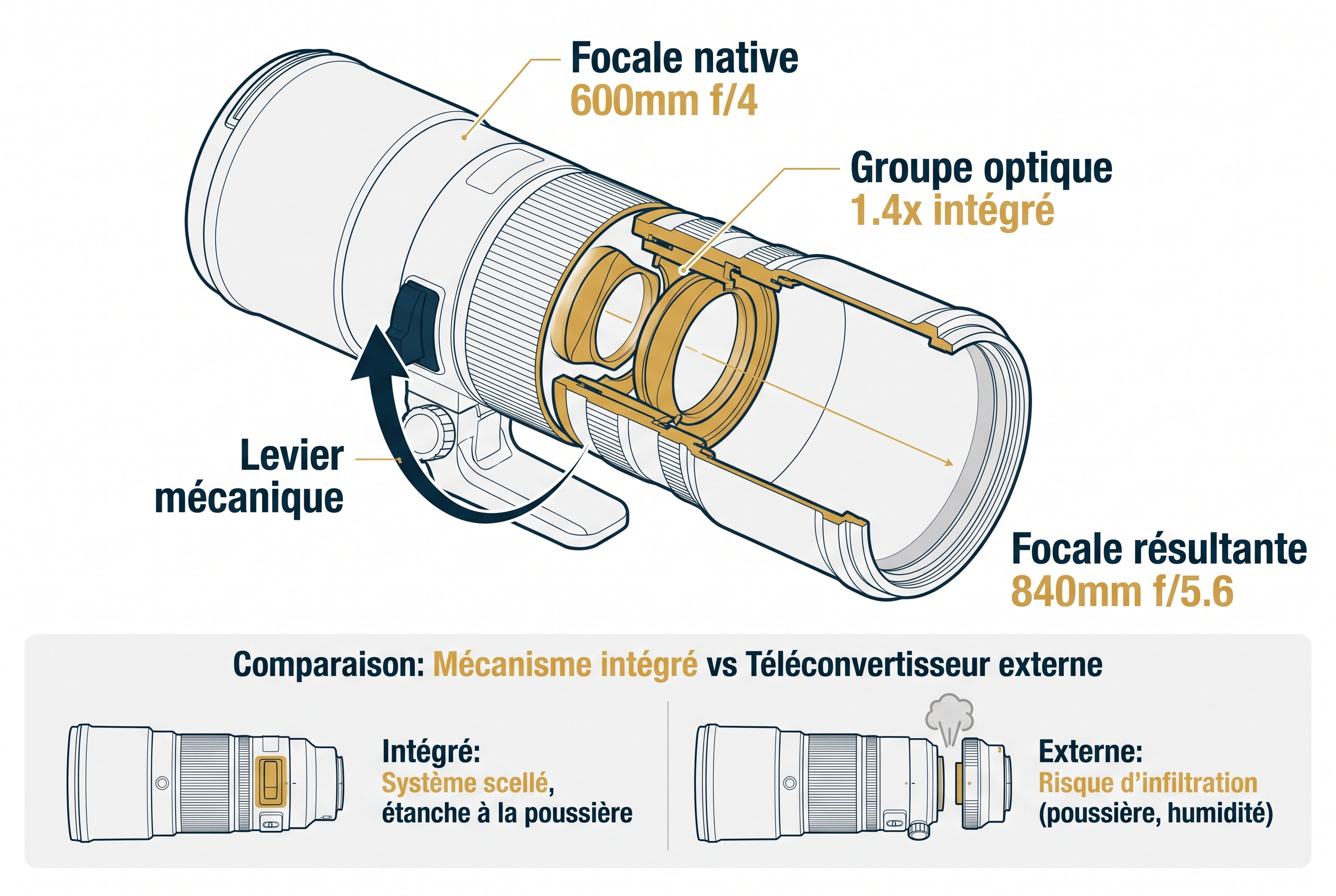 Infographie montrant le mécanisme interne du multiplicateur 1.4x intégré de l'objectif Nikon Z 600mm f/4 et le passage à 840mm f/5.6.