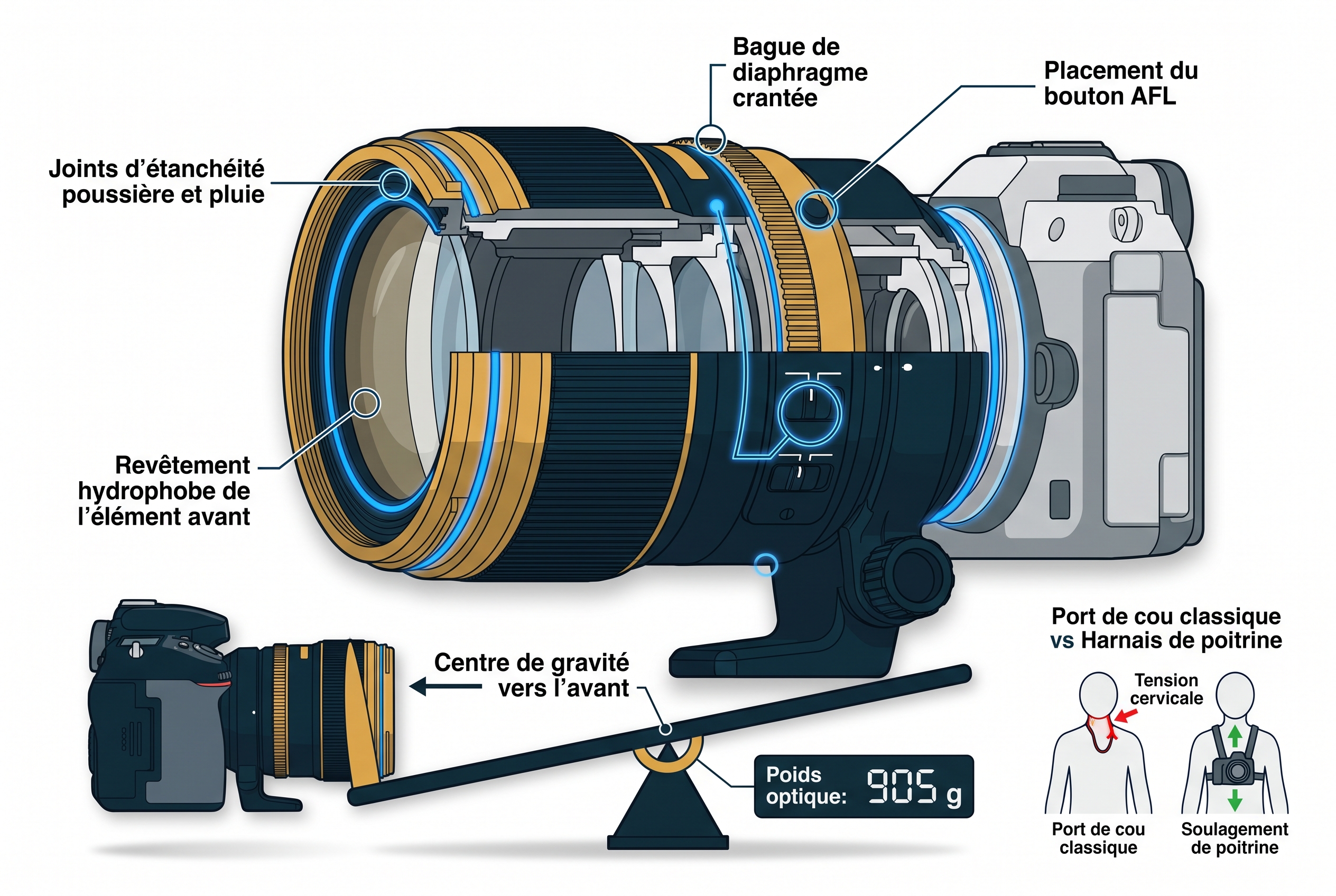 Illustration technique de l'objectif Sigma 85mm f/1.2 DG Art détaillant la construction tout-temps, les joints d'étanchéité et le centre de gravité pour un poids de 905g.
