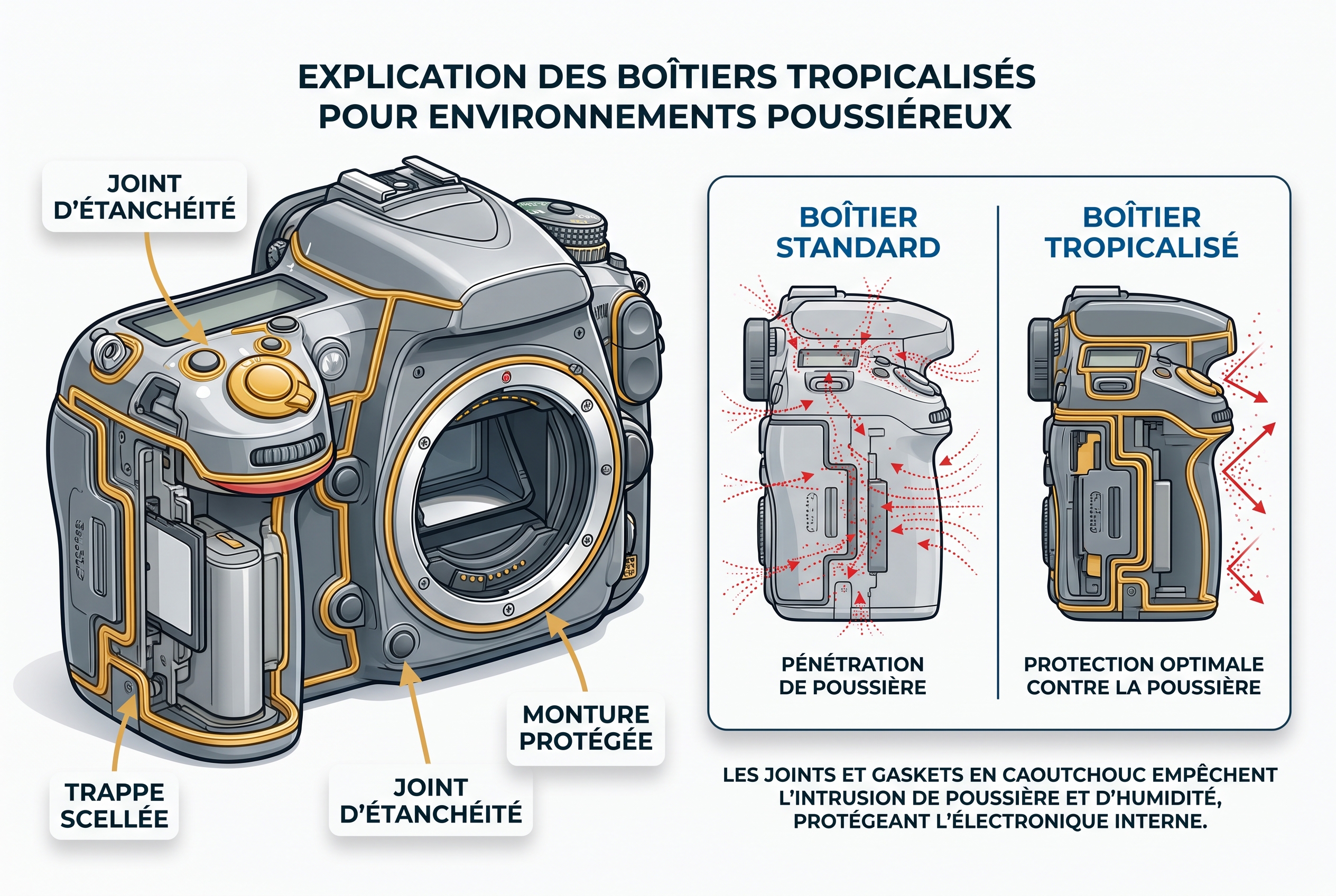 Réussir son safari photo : le bon matériel et les erreurs à éviter 19 Comparaison entre un boîtier photo standard et un appareil tropicalisé avec joints d'étanchéité pour la protection contre la poussière en safari photo.