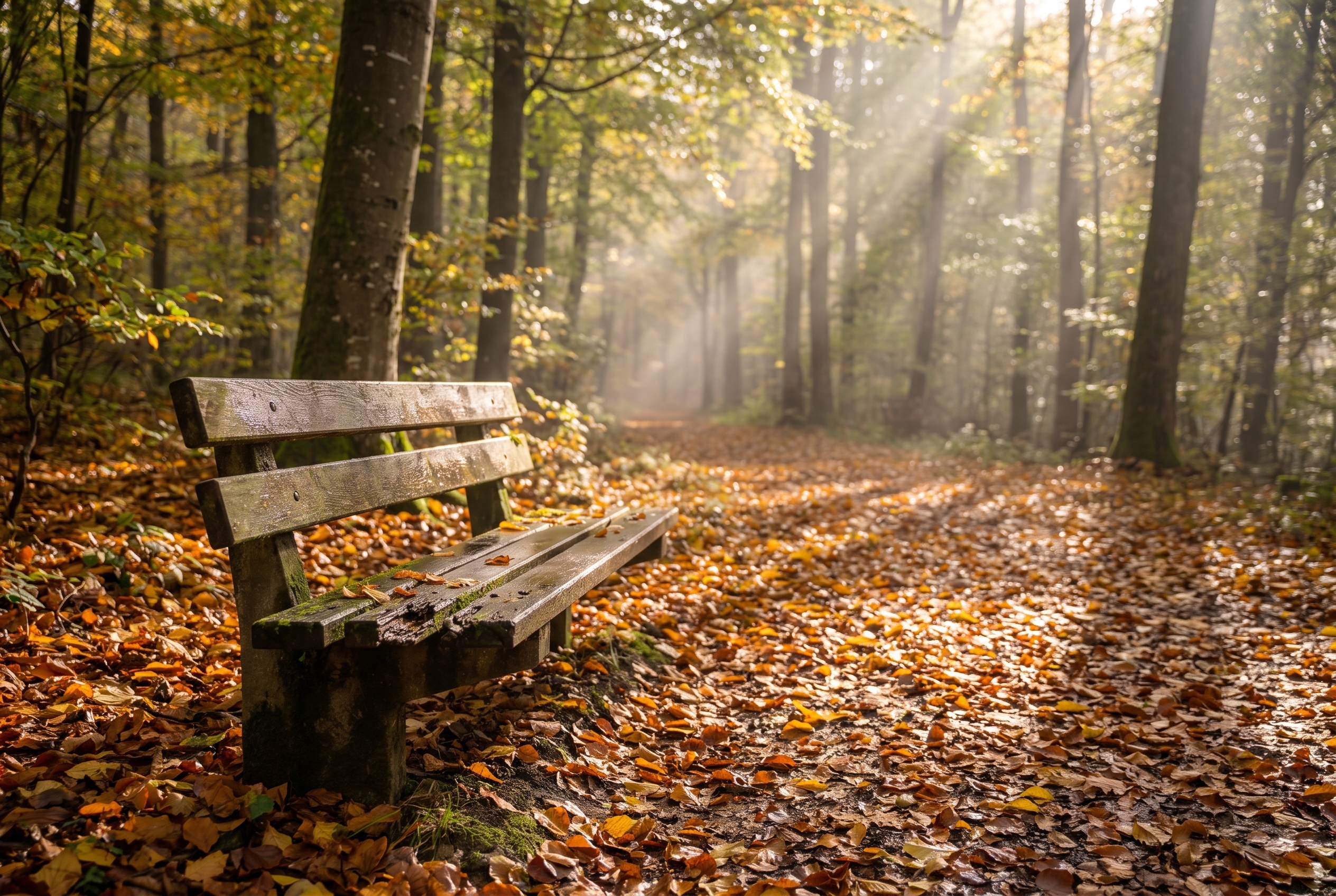 Banc en bois sous une lumière filtrée en forêt d'automne, démonstration du piqué et du bokeh de l'objectif Sigma 85mm f/1.2 DG Art.
