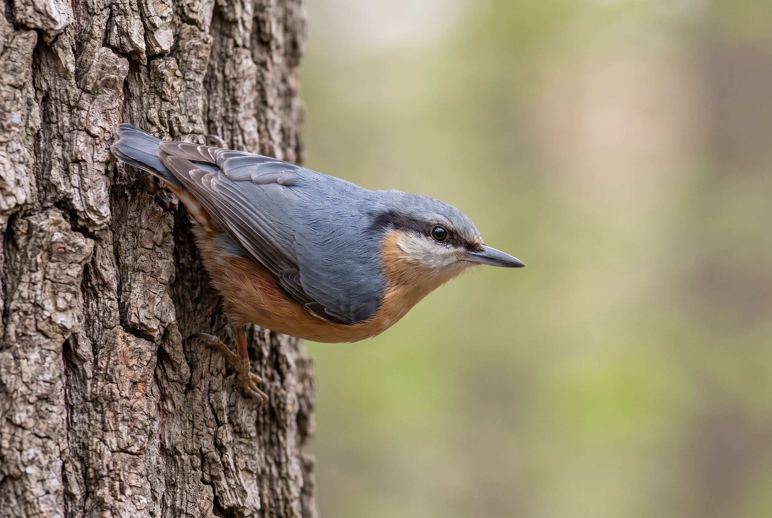 Sittelle torchepot sur une écorce de chêne, montrant le piqué chirurgical et le bokeh doux de l'objectif Nikon Z 600mm f/4 TC VR S.