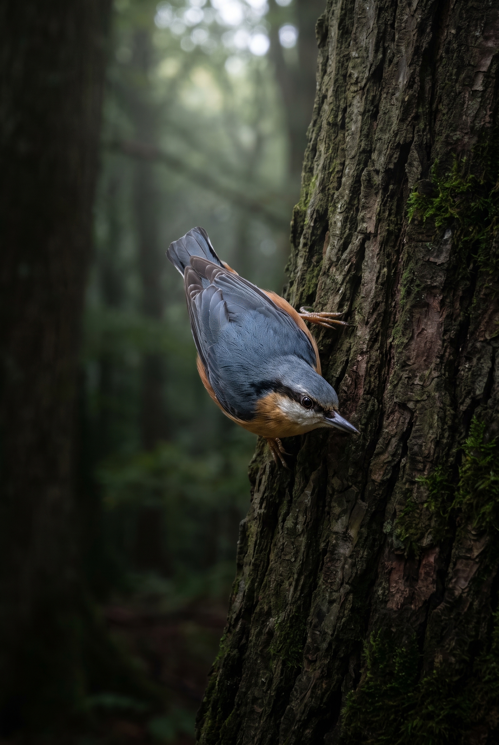 Test Canon R5 : vaut-il toujours le coup en 2026 ? 19 Sittelle torchepot sur un tronc de hêtre moussu, démontrant la précision de l'autofocus lors d'un test du Canon R5 en forêt.