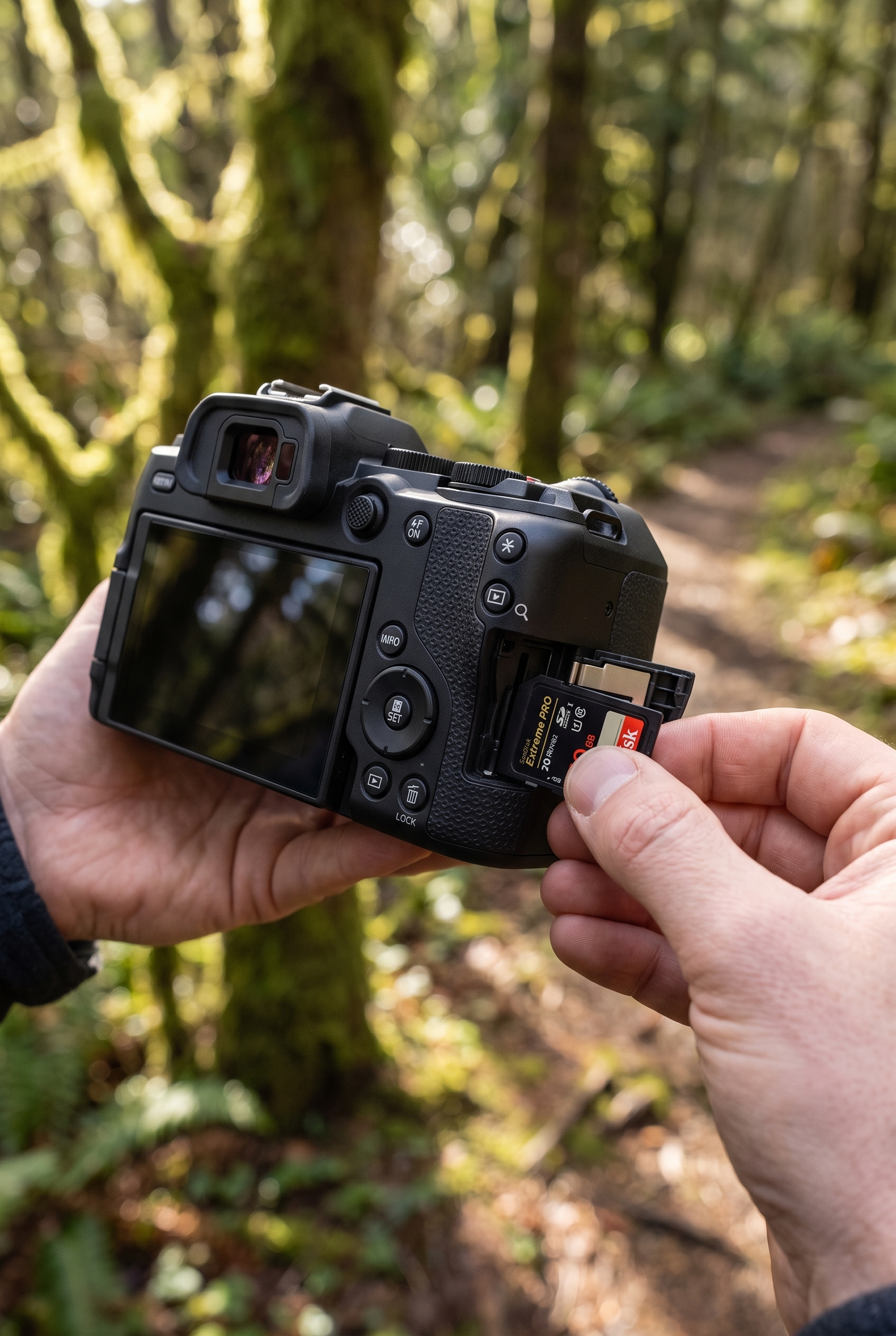 Gros plan sur l'insertion d'une carte mémoire SD dans le logement latéral du Canon EOS R8 Mark II lors d'un test en forêt.