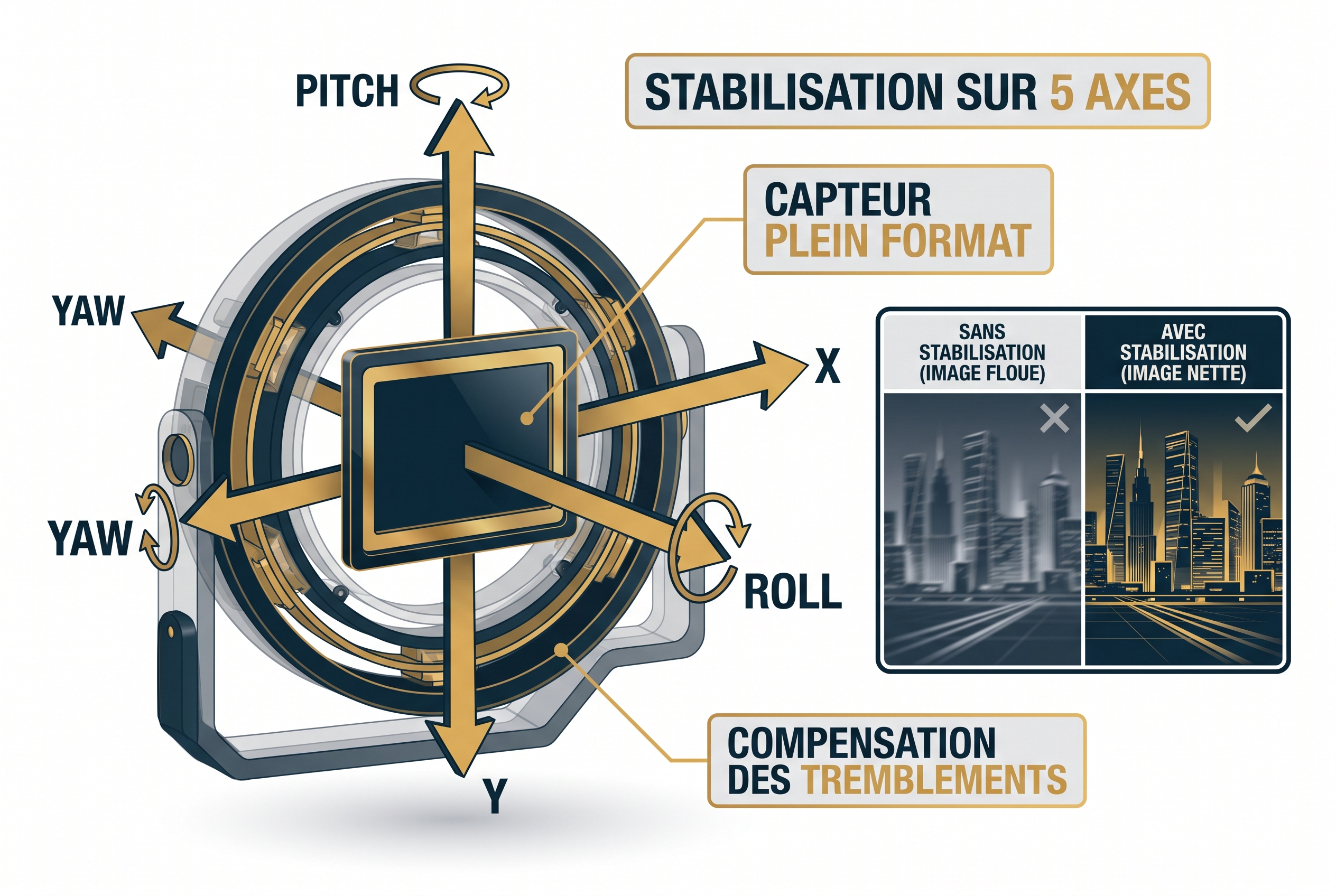 Schéma technique de la stabilisation sur 5 axes (IBIS) du capteur plein format du Nikon Z5 II C montrant les axes de compensation pour éviter le flou de bougé.