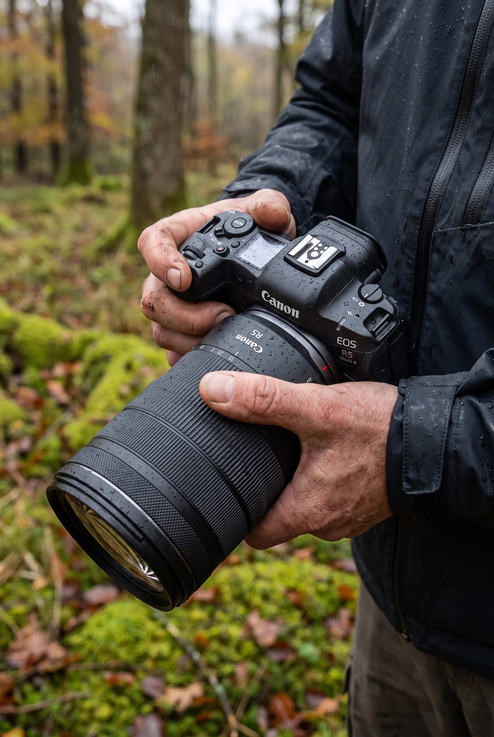 Gros plan sur le boîtier Canon EOS R5 Mark II avec un téléobjectif lors d'un test de photographie de nature en forêt humide.