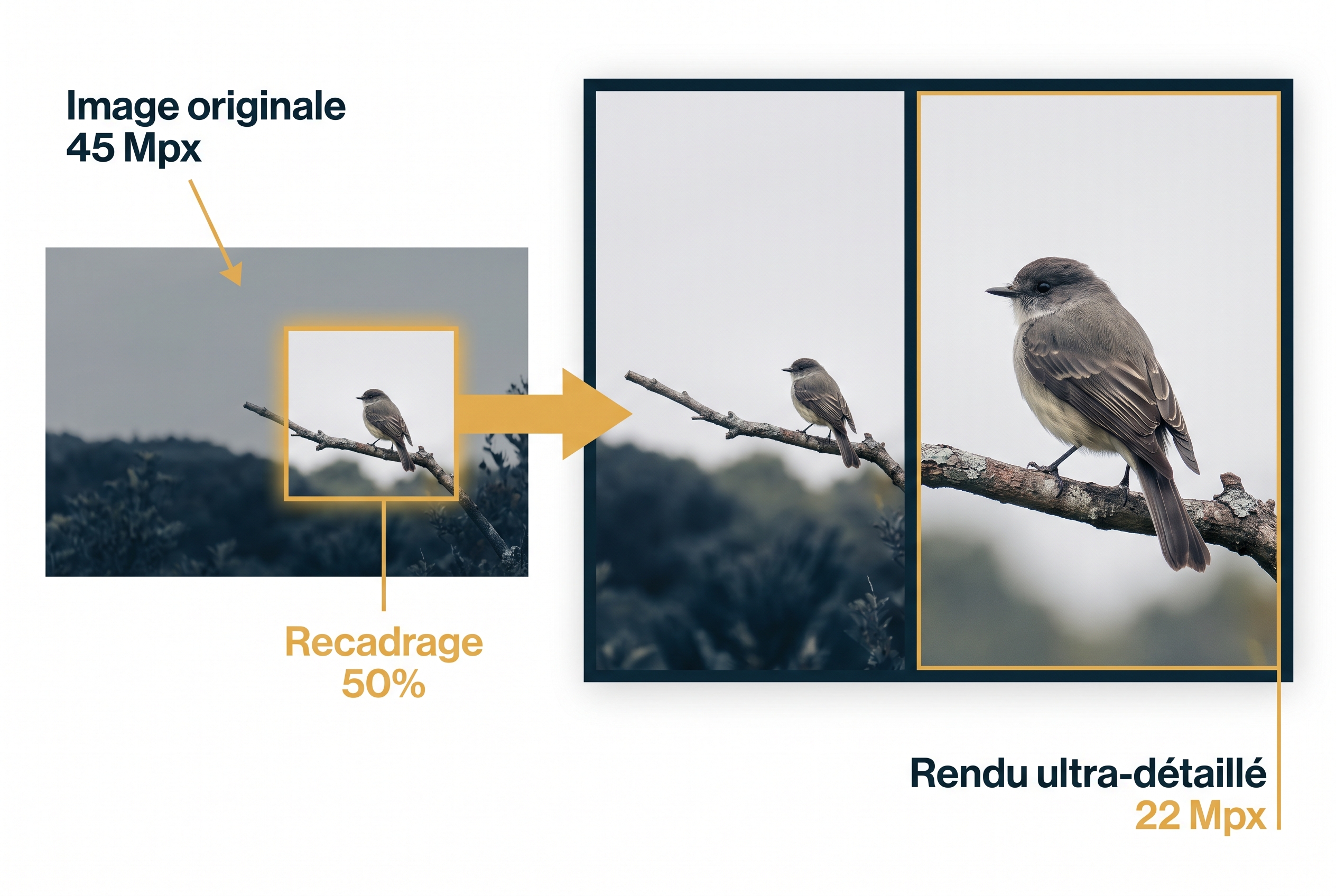 Test Canon R5 : vaut-il toujours le coup en 2026 ? 18 Schéma pédagogique montrant la puissance de recadrage du capteur 45 Mpx du Canon R5 : un oiseau photographié au loin reste ultra-détaillé même après un crop de 50% (rendu 22 Mpx).