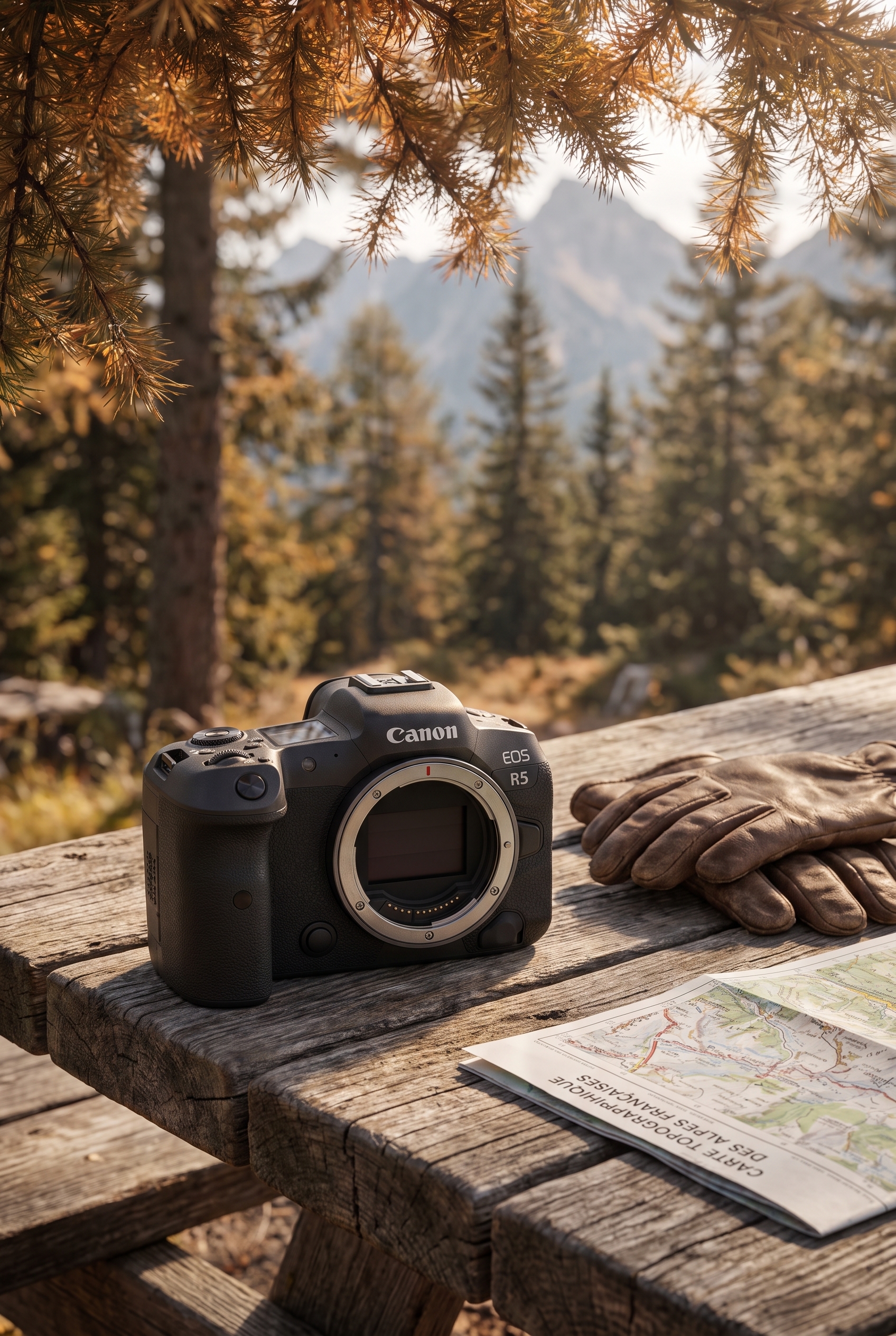 Test Canon R5 : vaut-il toujours le coup en 2026 ? 22 Appareil photo hybride Canon EOS R5 posé sur une table en bois en forêt alpine lors d'un test terrain pour la photographie de nature.