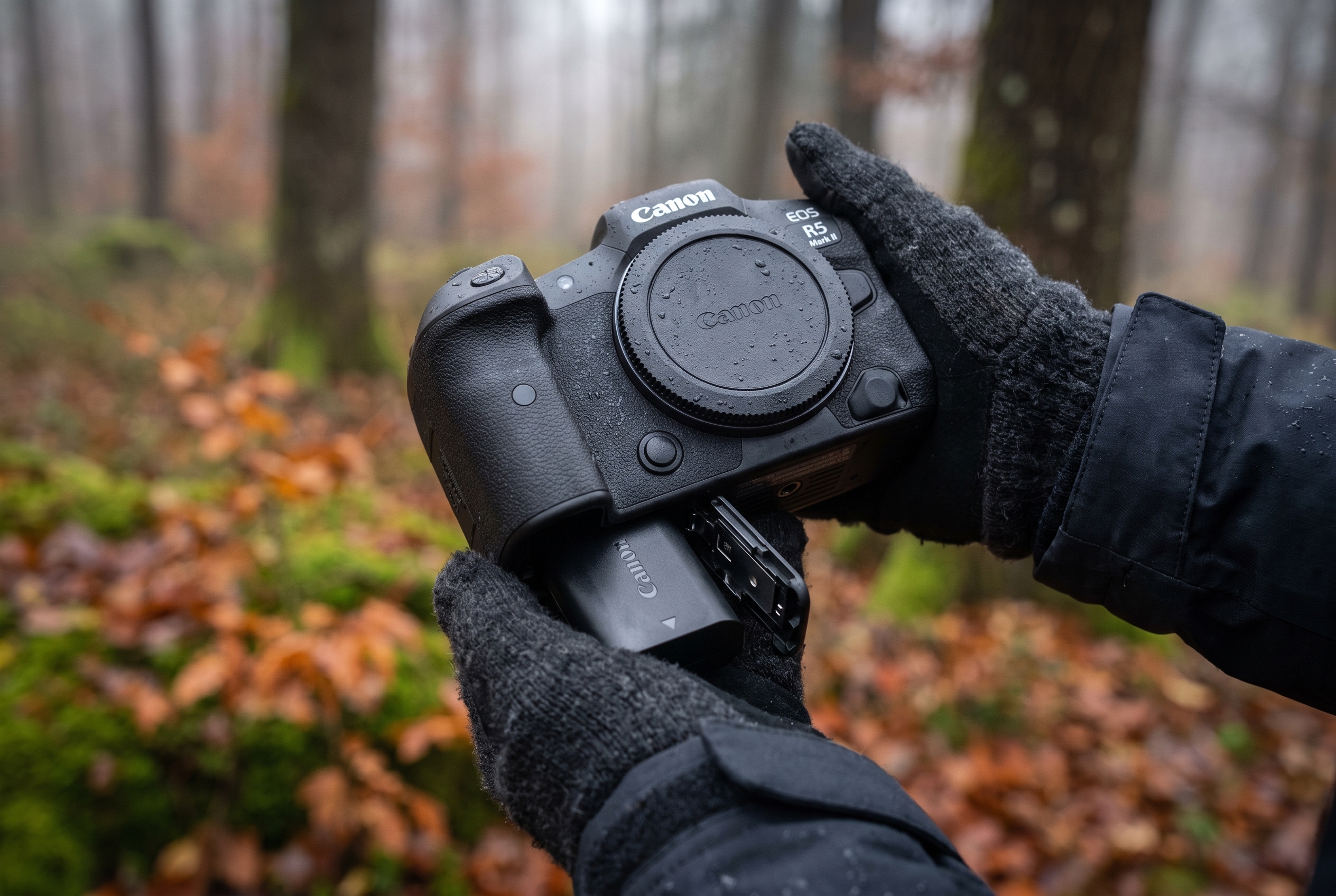 Gros plan d'un photographe insérant une batterie LP-E6P dans le boîtier Canon EOS R5 Mark II lors d'un test en forêt brumeuse.