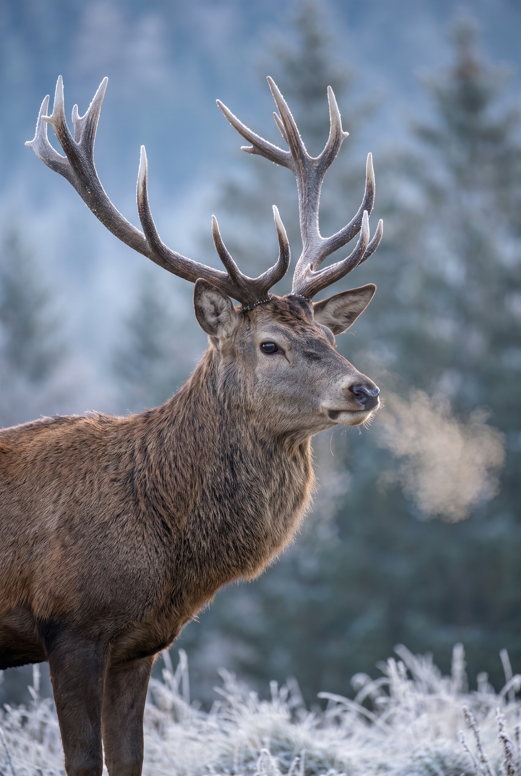 Cerf élaphe majestueux dans une forêt givrée au lever du soleil, illustrant les performances de l'autofocus lors du test du Canon EOS R5 Mark II.
