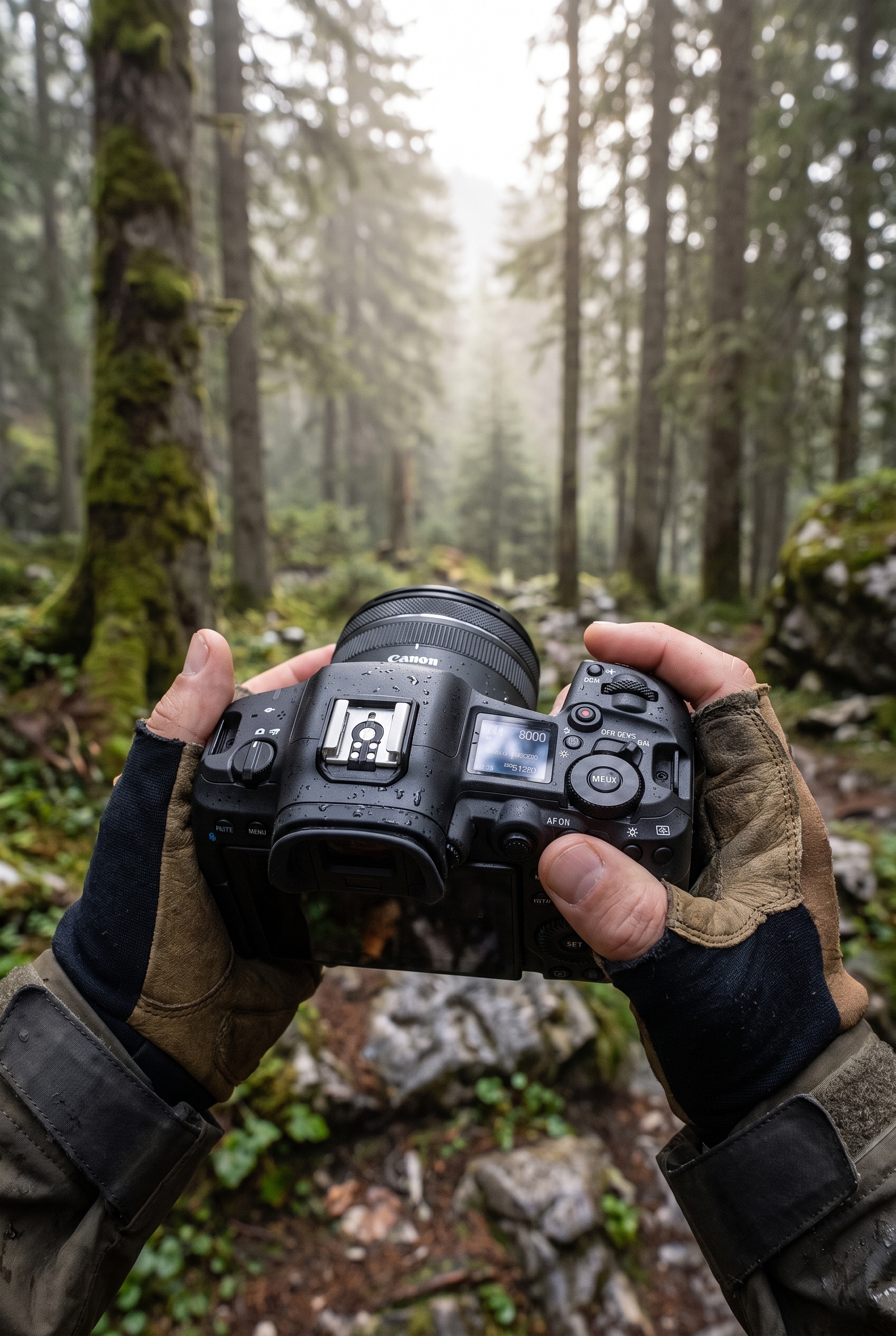 Photographe tenant le boîtier Canon EOS R5 Mark II lors d'un test en forêt alpine humide avec brume matinale.