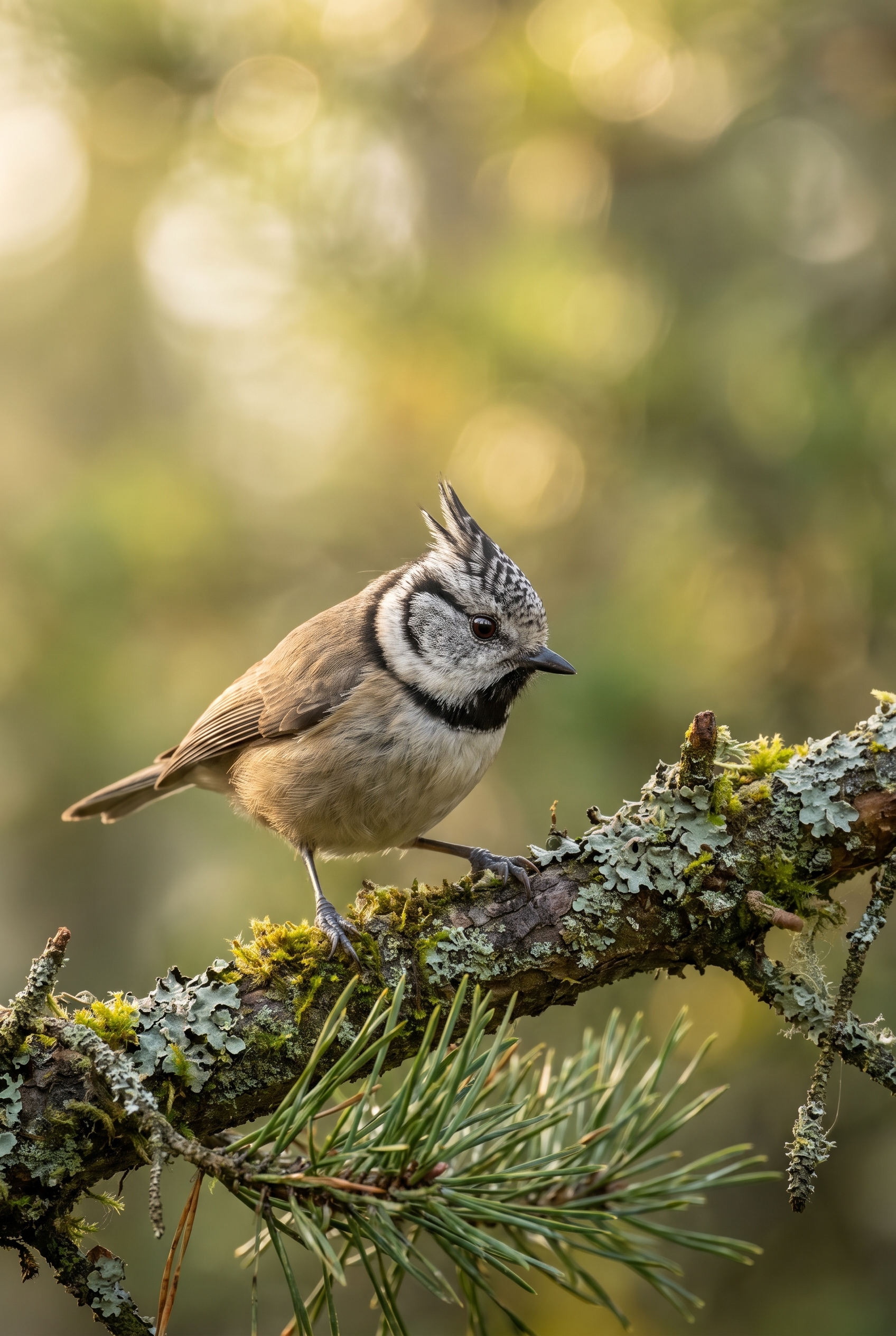 Test Canon R5 : vaut-il toujours le coup en 2026 ? 16 Photographie d'une mésange huppée sur une branche de pin, illustrant la précision de l'autofocus lors du test du Canon R5 en milieu naturel.