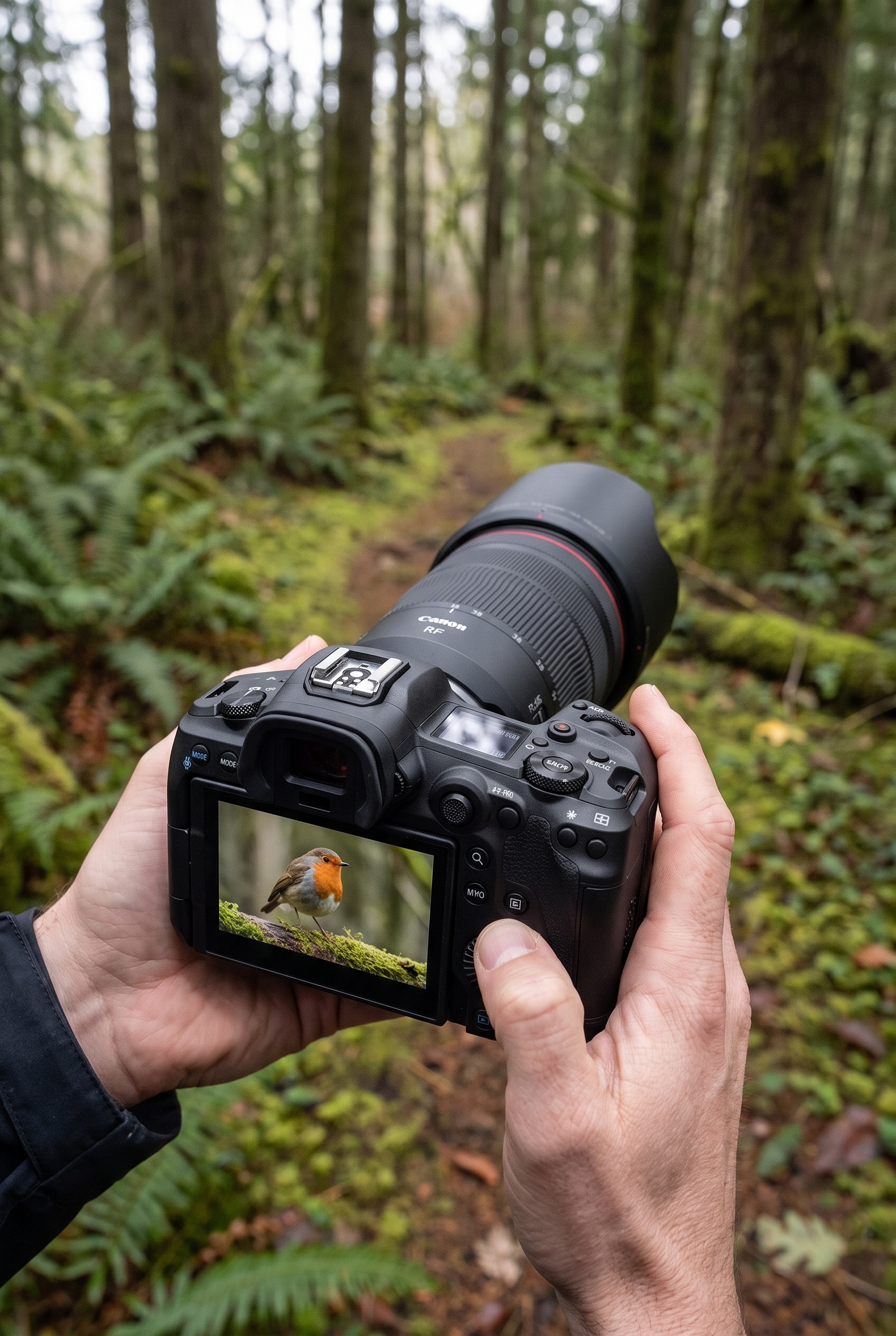 Test Canon R5 : vaut-il toujours le coup en 2026 ? 17 Test Canon R5 : Gros plan sur les mains d'un photographe utilisant les molettes de contrôle du boîtier hybride en forêt.