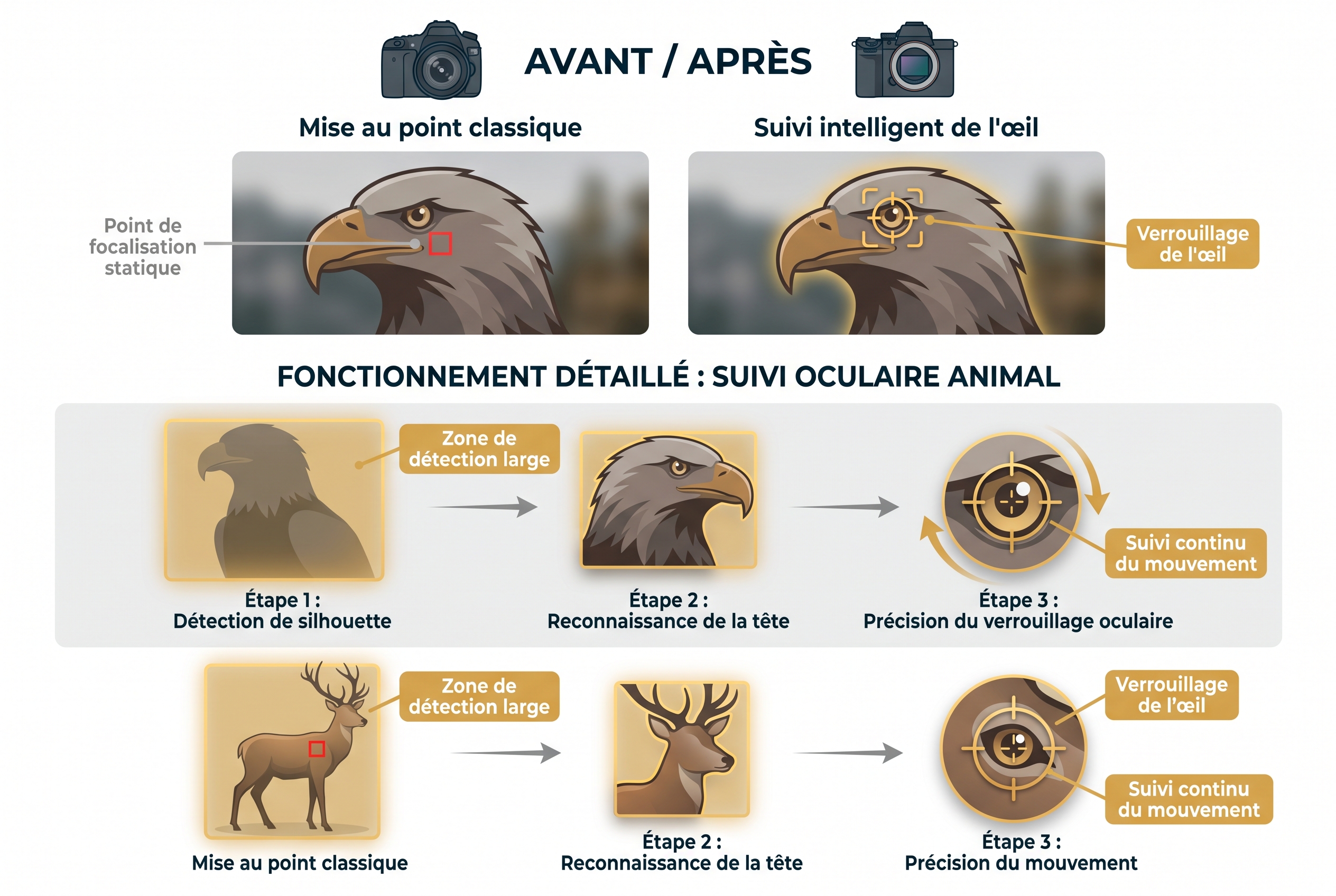 Schéma pédagogique comparant la mise au point classique d'un reflex et le suivi intelligent de l'œil animal (Eye-AF) du Canon R6 sur un aigle et un cerf.