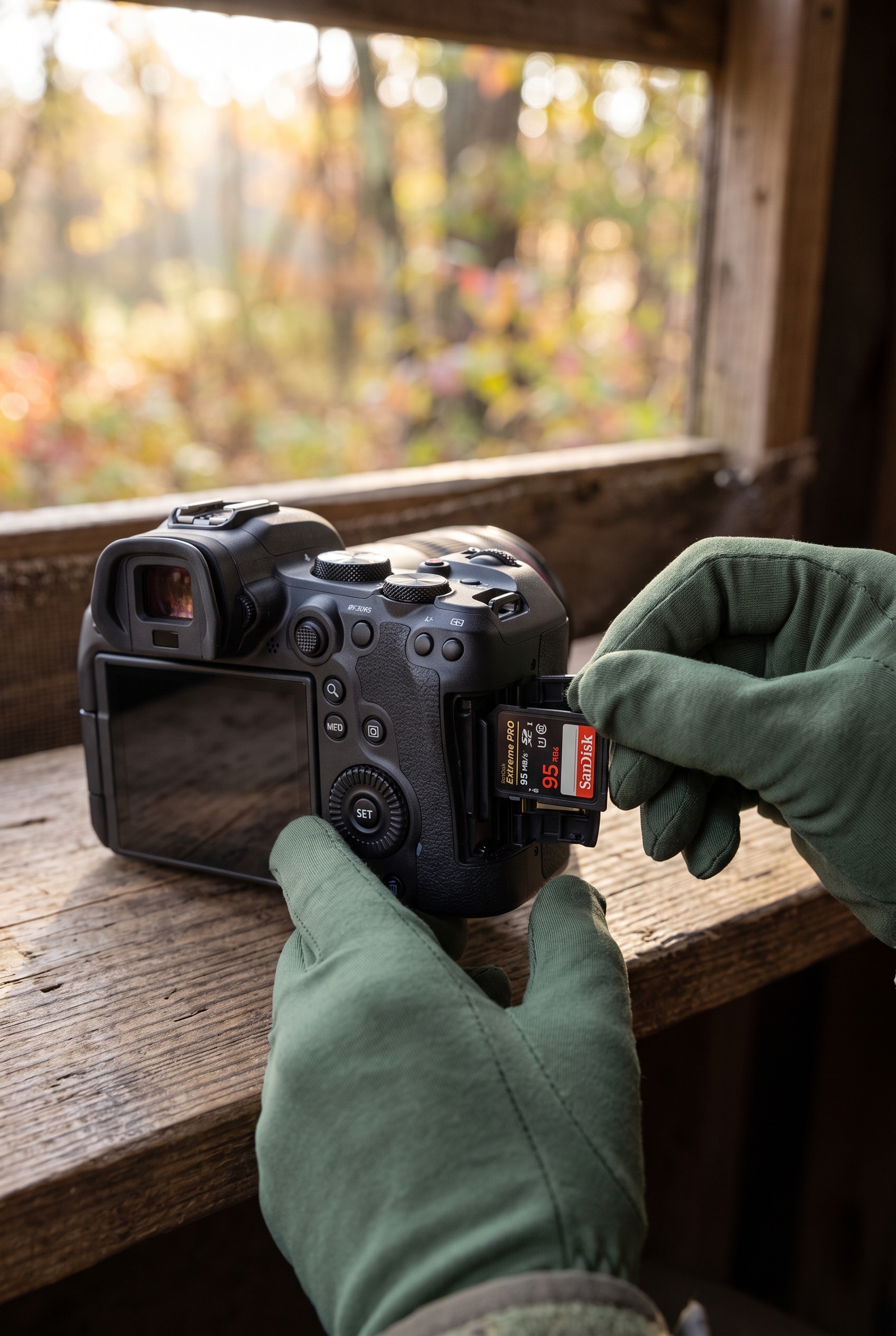 Gros plan sur le double emplacement de carte SD du Canon R6 lors d'un test en affût, montrant la facilité de manipulation avec des gants.