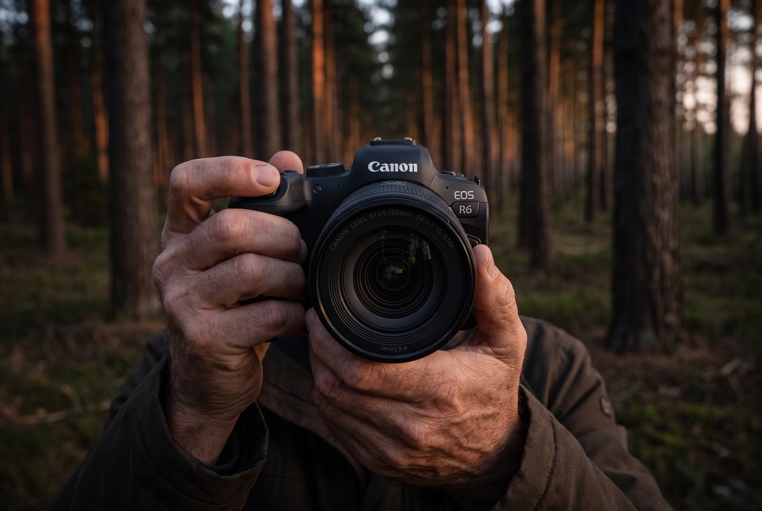 Gros plan des mains d'un photographe naturaliste tenant fermement le Canon EOS R6 en forêt pour un test terrain.