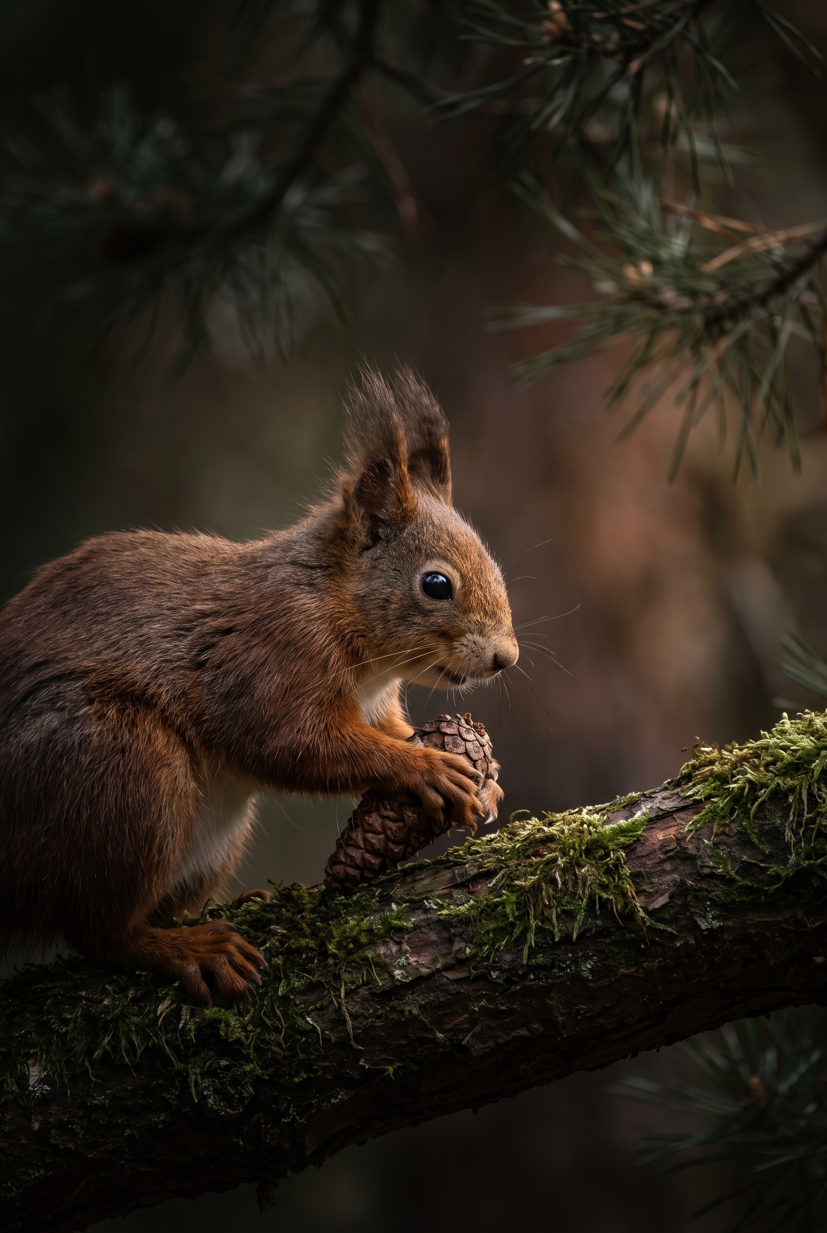 Photographie d'un écureuil roux sur une branche moussue, réalisée lors du test terrain du Canon EOS R6 en forêt alpine.