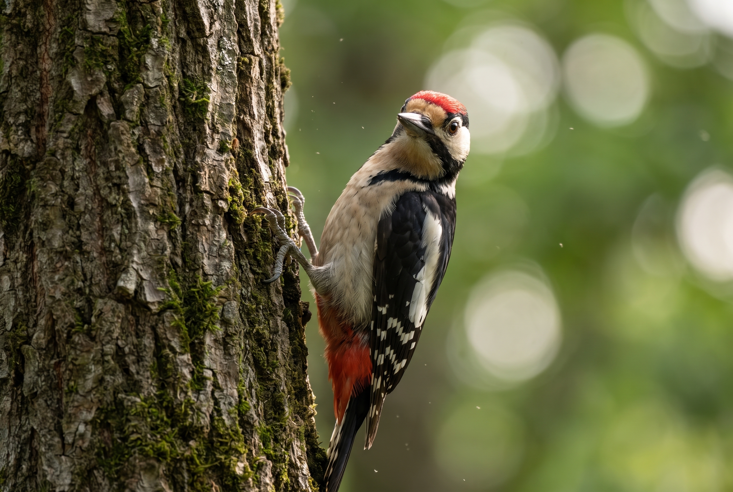 Gros plan détaillé d'un pic épeiche sur un tronc de chêne, illustrant la précision de l'autofocus du Canon R6 en photographie animalière.