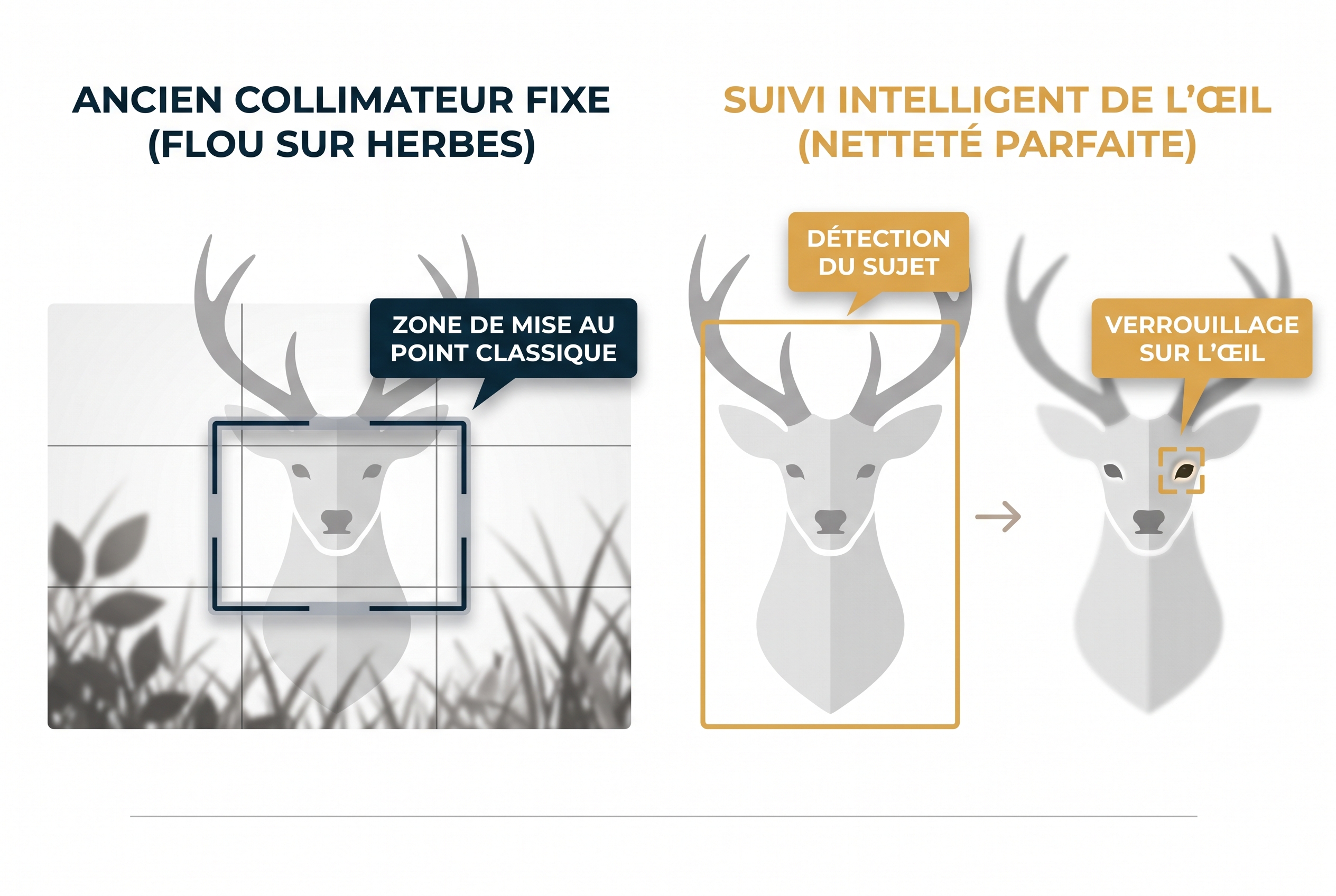 Test Canon R8 : le meilleur hybride entrée de gamme 18 Schéma comparatif de l'autofocus intelligent du Canon R8 montrant la détection et le suivi de l'œil d'un animal sauvage.
