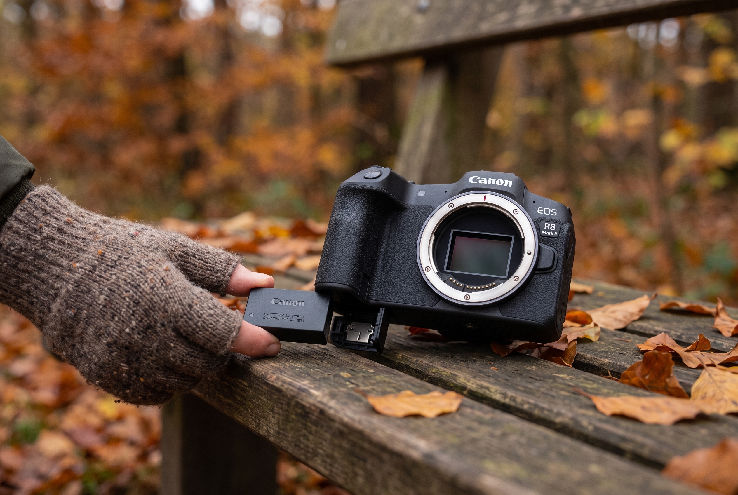 Boîtier hybride Canon EOS R8 Mark II posé sur un banc en forêt d'automne avec sa batterie LP-E17, illustrant le test d'autonomie en conditions réelles.