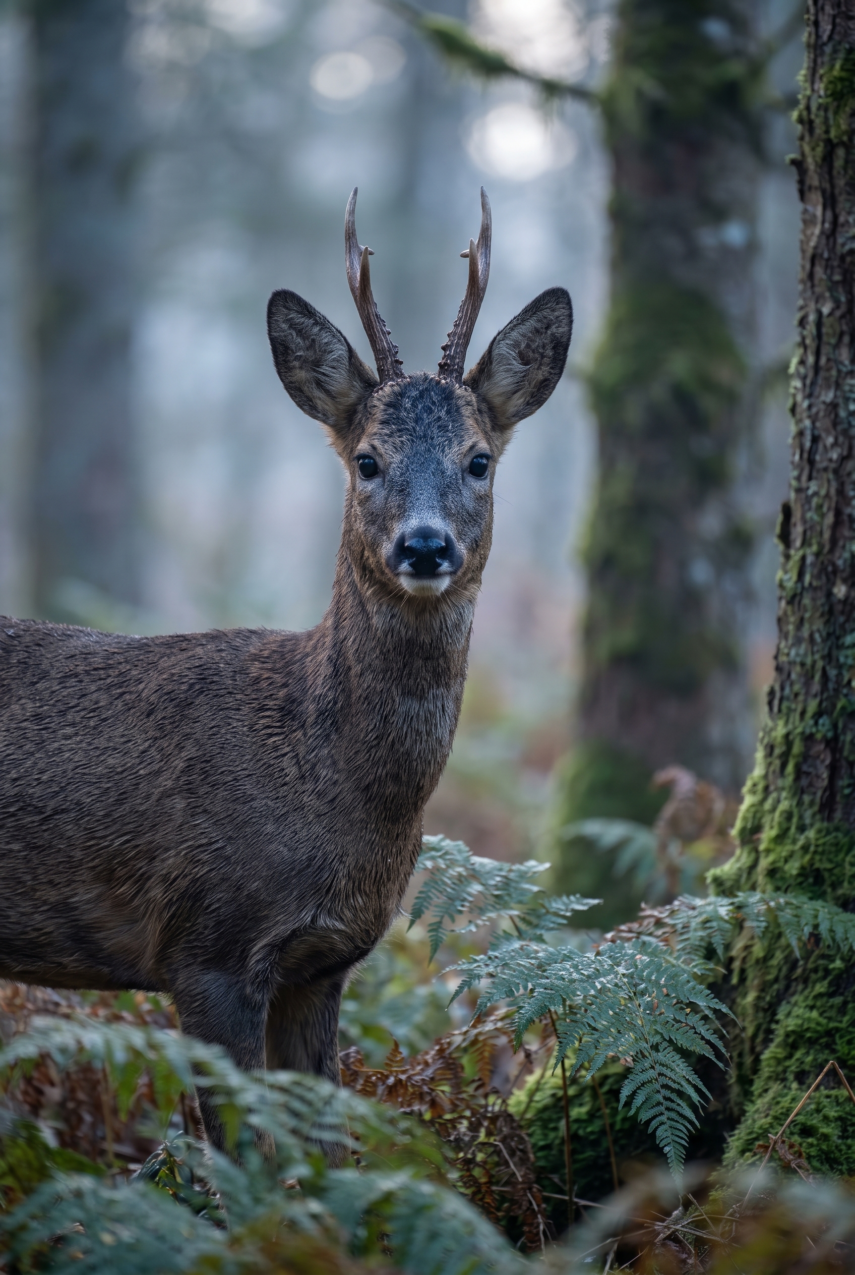 Photo d'un brocard de chevreuil dans une forêt brumeuse à l'aube, réalisée lors du test du Canon R8 Mark II.