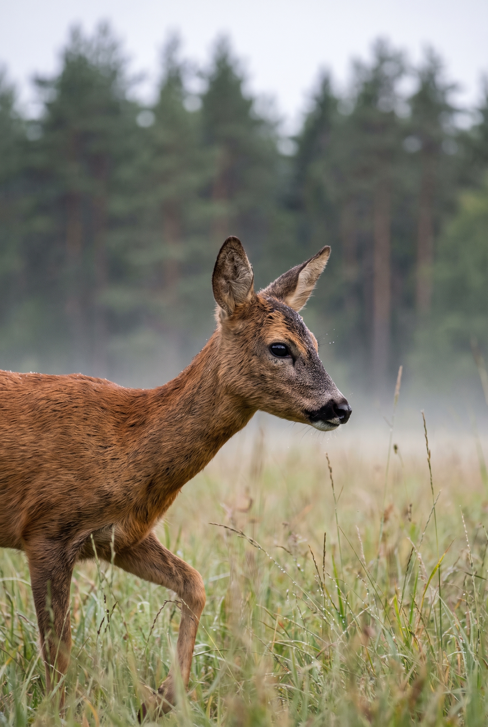 Test Canon R8 : le meilleur hybride entrée de gamme 19 Gros plan d'un chevreuil dans une prairie brumeuse réalisé lors du test du Canon R8, montrant la précision de l'autofocus sur l'œil et le piqué du capteur.