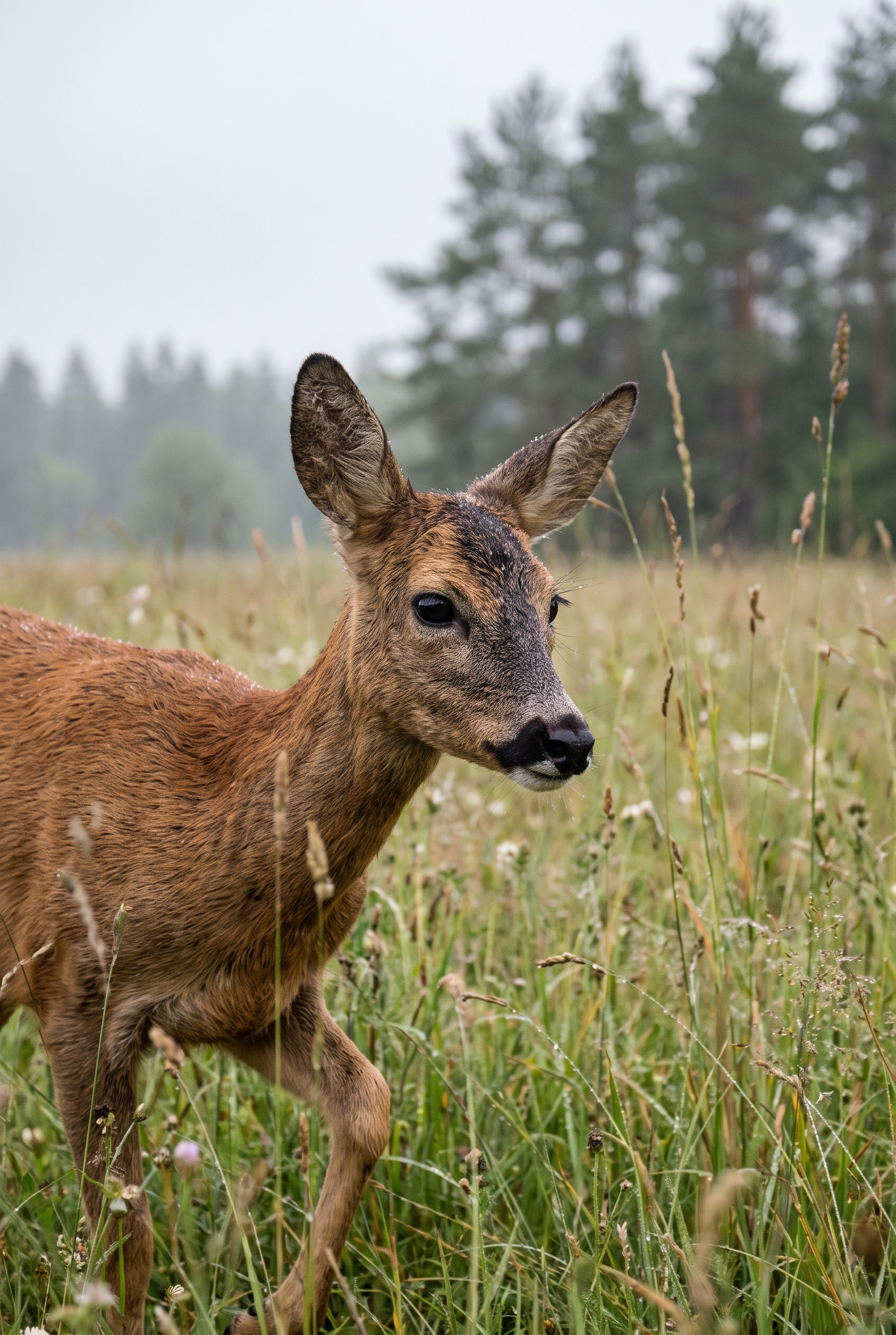 Test Canon R8 : le meilleur hybride entrée de gamme 17 Photographie animalière d'un chevreuil dans la brume matinale, illustrant la précision de l'autofocus du Canon R8.