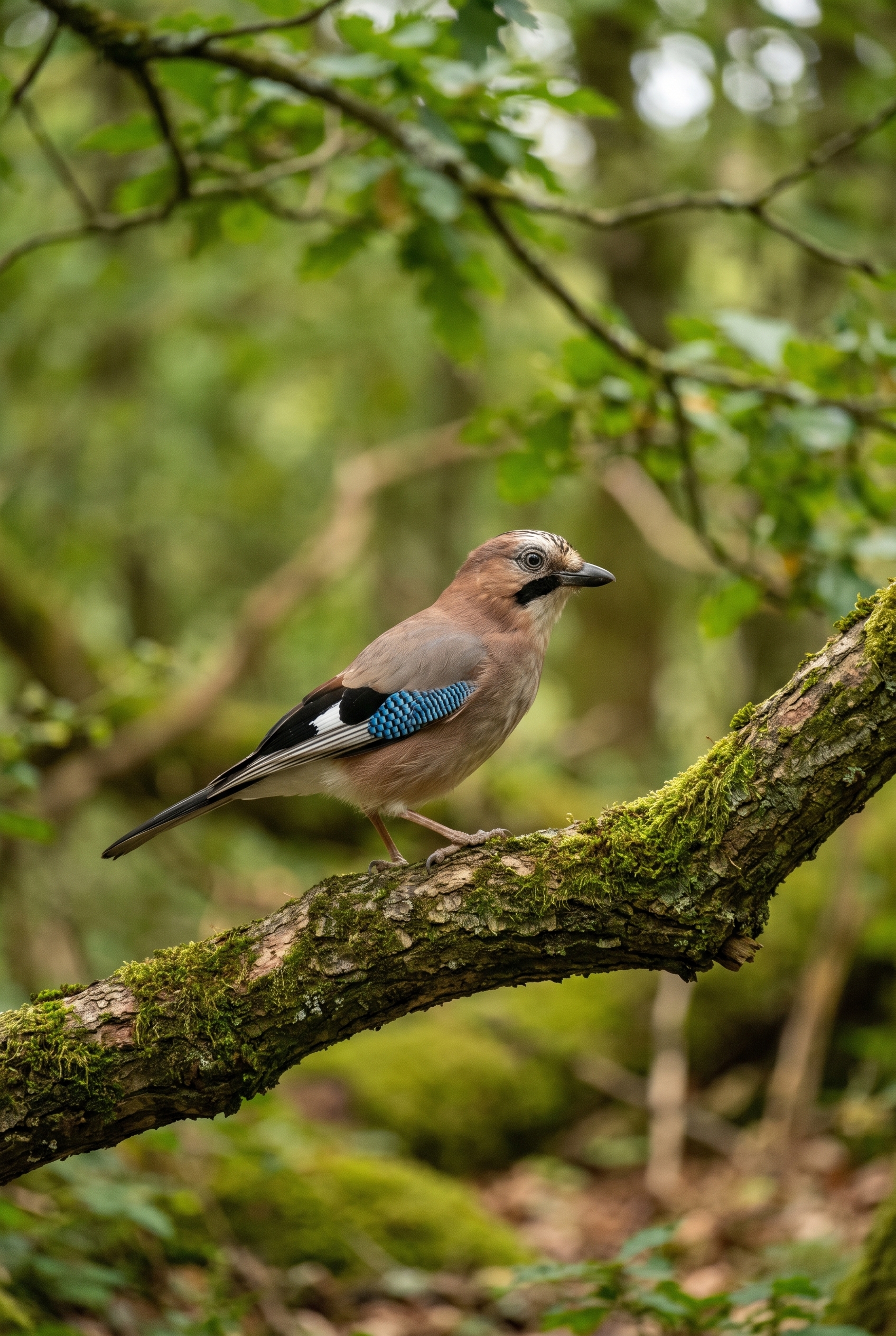 Test Canon R8 : le meilleur hybride entrée de gamme 24 Photographie animalière d'un geai des chênes sur une branche moussue, illustrant la netteté et le piqué du capteur lors du test du Canon R8.
