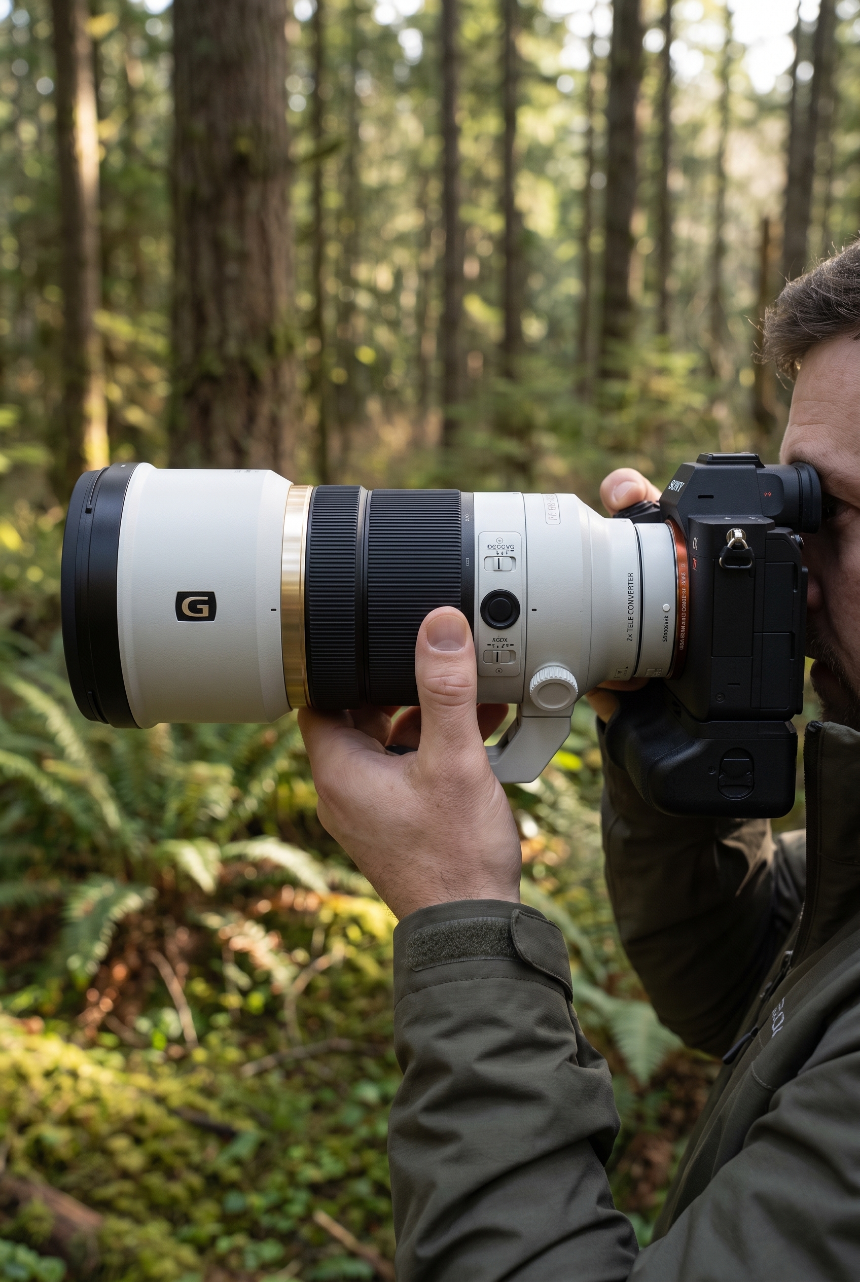 Photographe animalier tenant à main levée l'objectif Sony FE 600mm f/6.3 monté sur un boîtier Sony Alpha en forêt